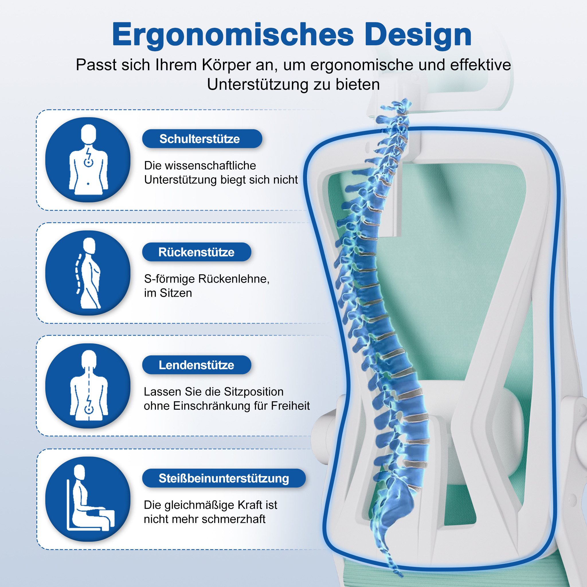Adormii Bürostuhl Ergonomischer Bürostuhl mit klappbaren Armlehnen und Rückenlehnen (Drehstuhl mit Drehbare, höhenverstellbarer Kopfstütze, geräuscharme Rollen, 90°-135° Wippfunktion Bürostuhl, belastbar bis 150kg, Netz atmungsaktiv, Chefsessel), Leise Rollen, getestet und garantiert für 2-Jahre