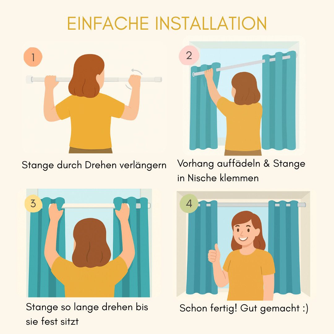 tinycurtains Klemmstange Teleskopstange 55-90 cm Türvorhangstange Duschvorhangstange Badstange, Ø 0.22 mm, 1-läufig, ausziehbar, klemmbar, geklemmt, Metall, Stange für Türvorhang ohne Bohren stufenlos verstellbar rostfrei