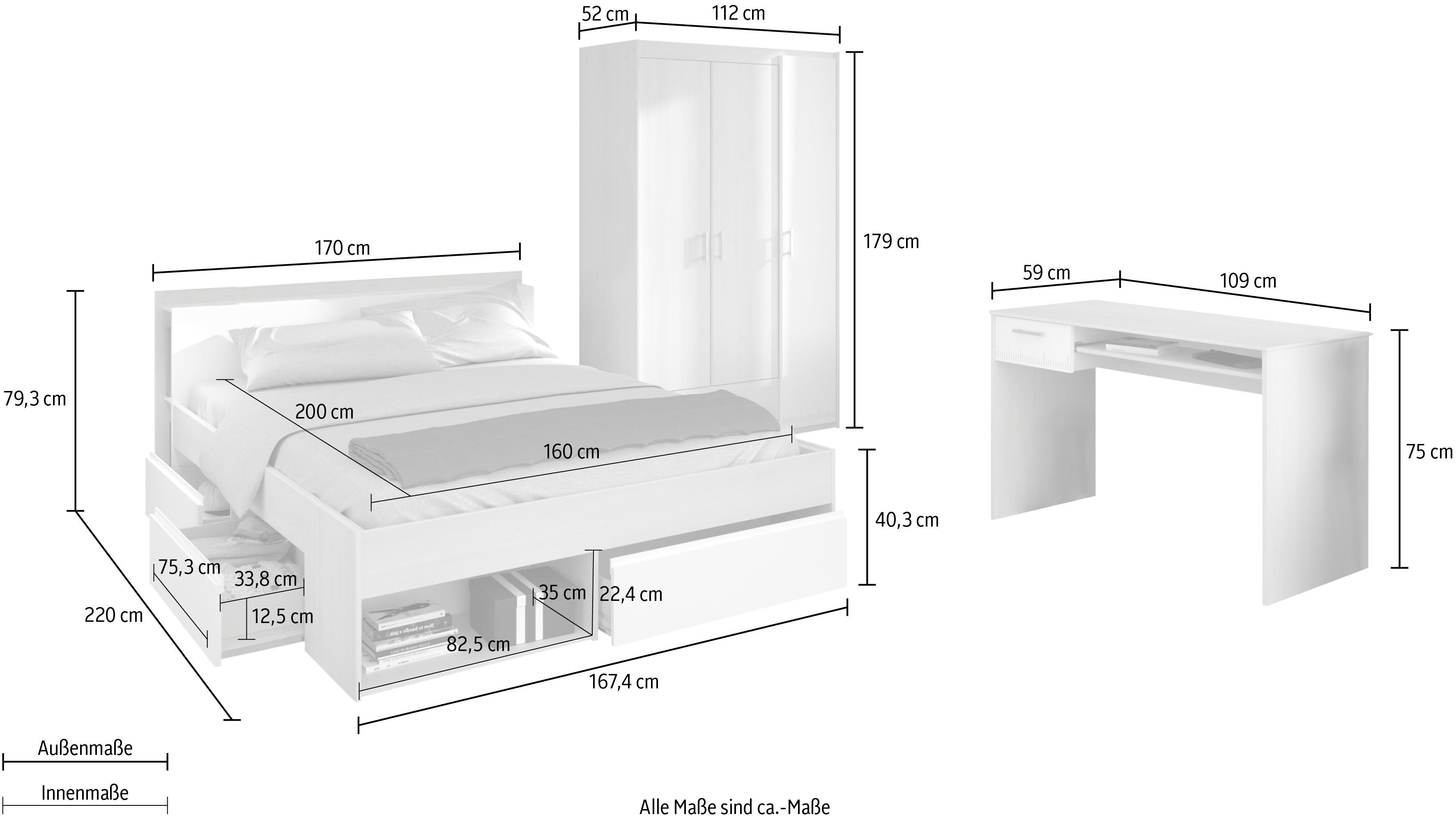 Parisot Jugendzimmer-Set Most, (Set, 3-tlg., Bett mit Schubkästen, Kleiderschrank und Schreibtisch)