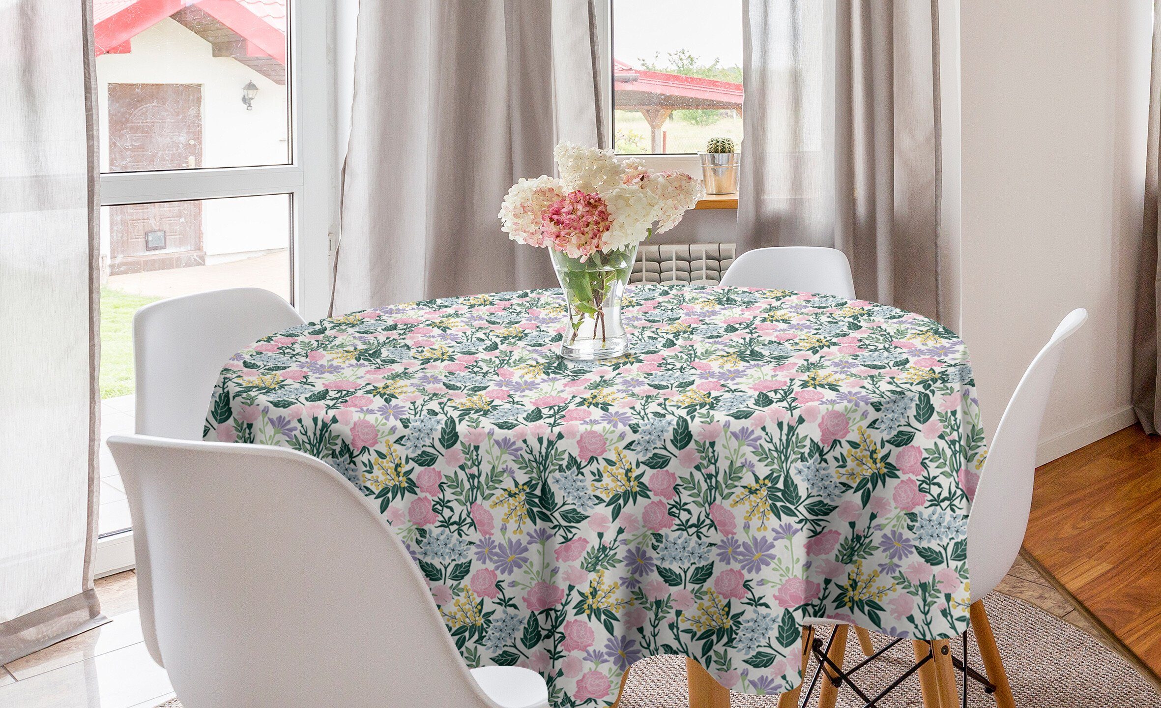 Abakuhaus Tischdecke Kreis Tischdecke Abdeckung für Esszimmer Küche Dekoration, Nicht-gerade weiss Blätter und Blumen-Clutter