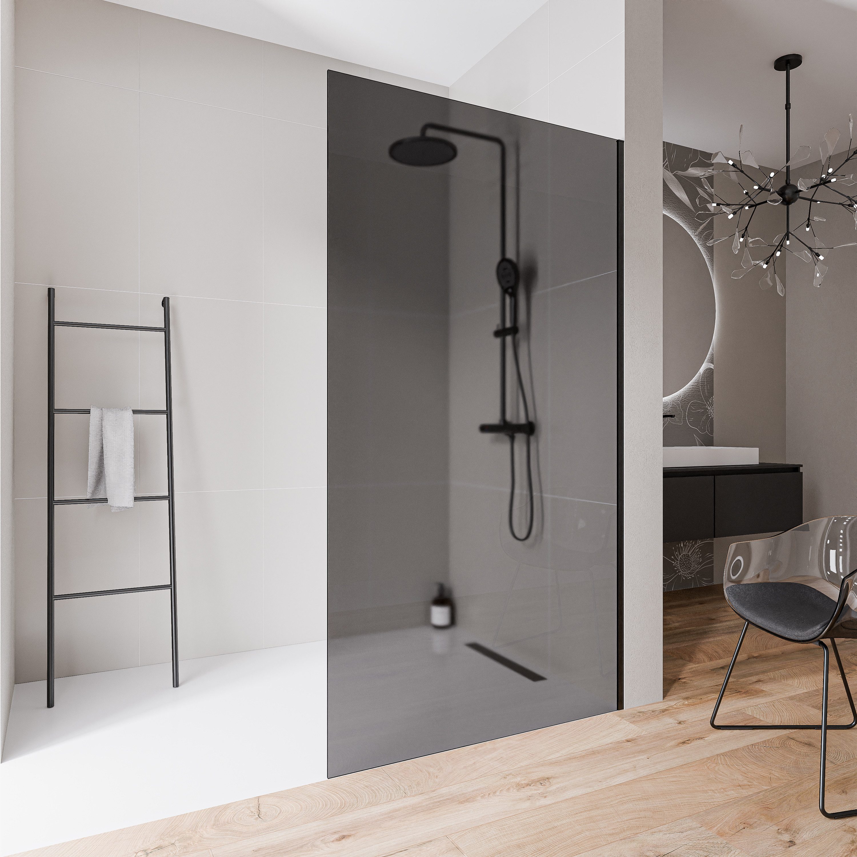 Bernstein Walk-in-Dusche EX102-2 100x220 cm Grau Schwarz, ESG Sicherheitsglas, Walk-In Duschwand 220cm hoch 10mm Grau Schwarz ohne Bodenprofil