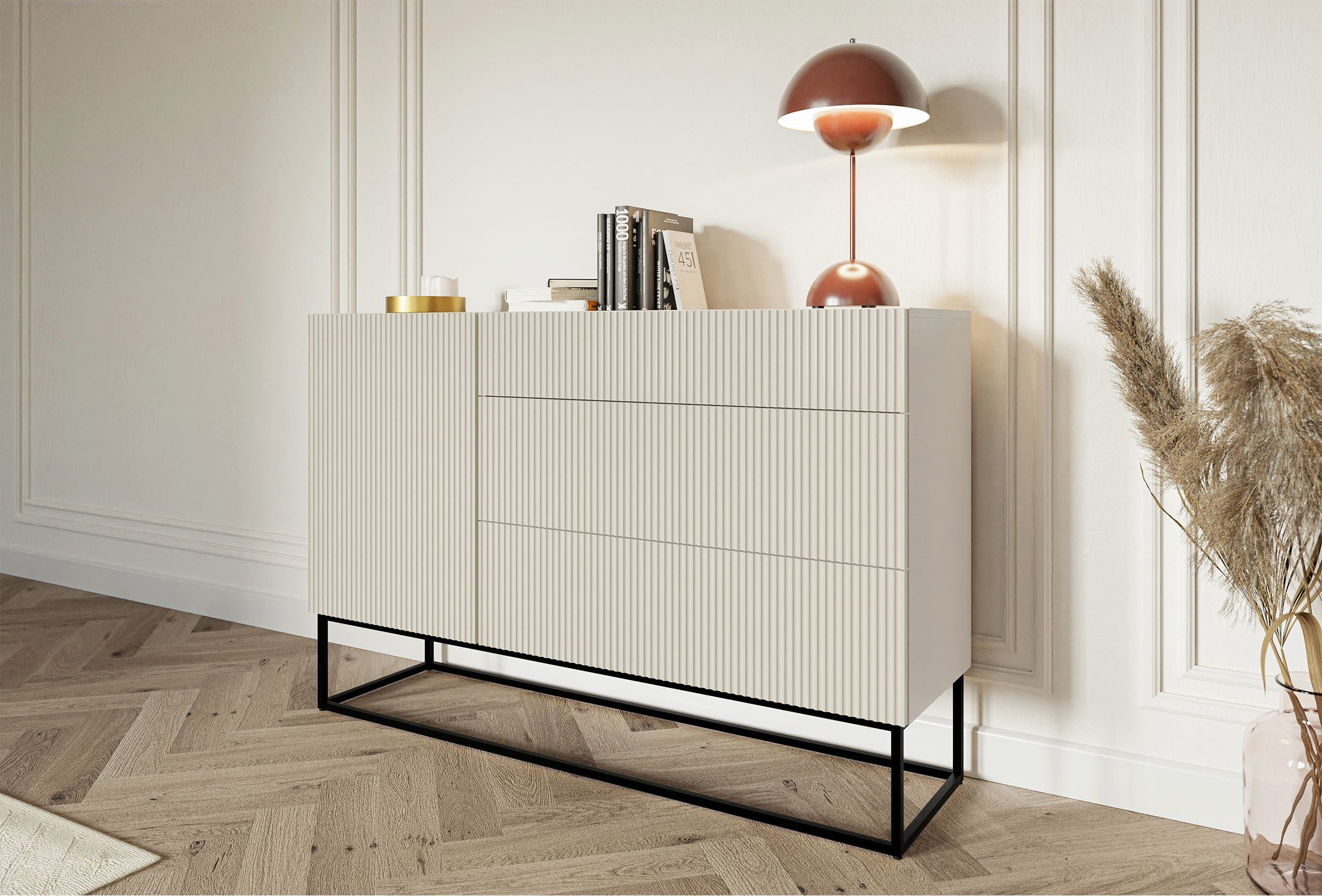Selsey Sideboard VELDIO, 1-türig mit 3 Schubladen, greige mit schwarzem Gestell, 140 cm