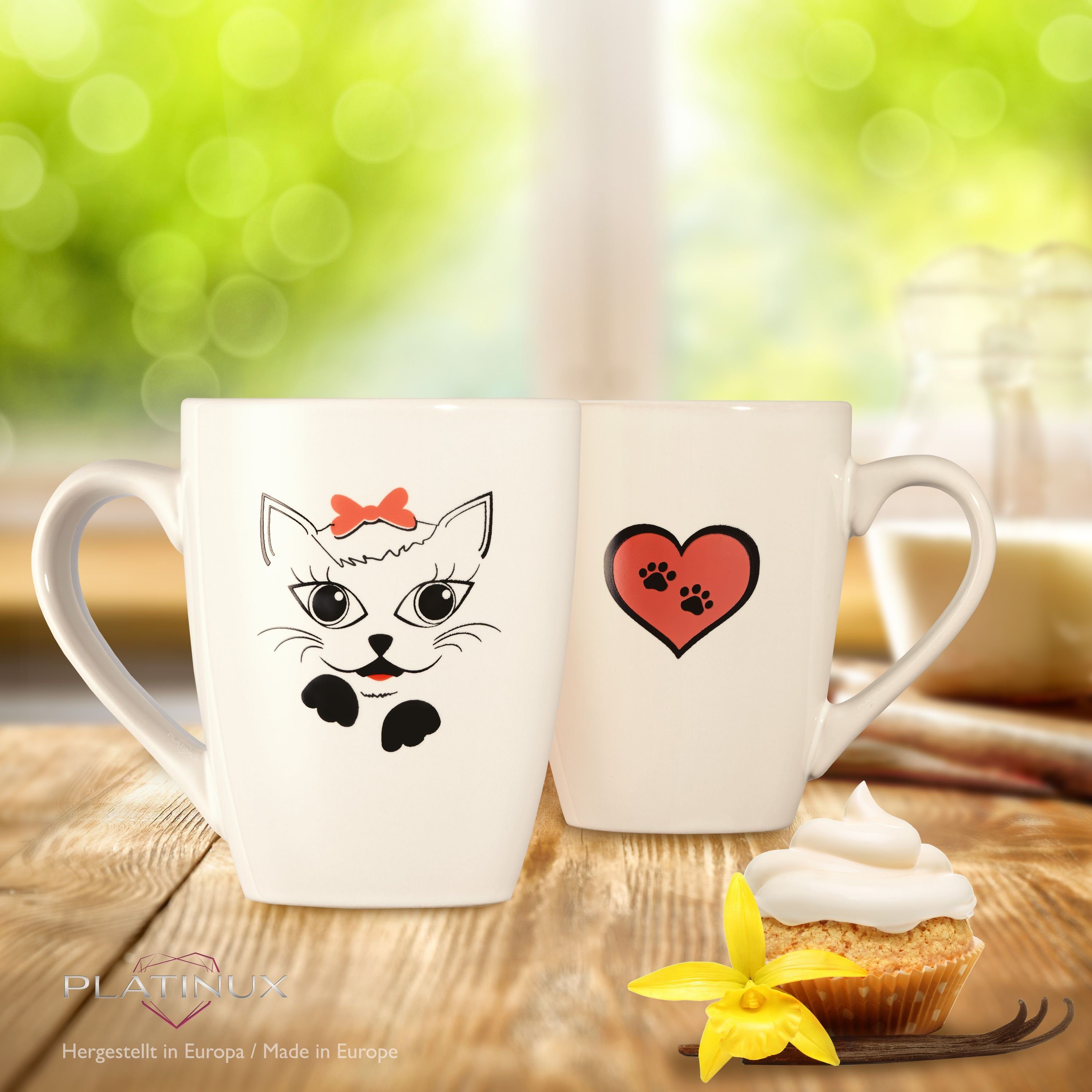 PLATINUX Tasse Katzen Kaffeetassen, Keramik, Teebecher Set 250ml Tasse Katzen-Motiven Kaffeebecher Teetasse mit