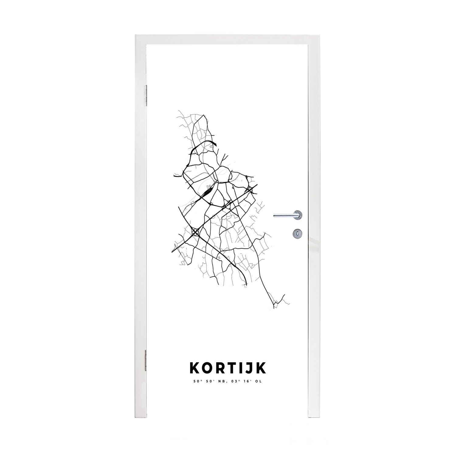 MuchoWow Türtapete Belgien - Kortrijk - Stadtplan - Karte - Schwarz-weiß - Karte, Matt, bedruckt, (1 St), Fototapete für Tür, Türaufkleber, 75x205 cm