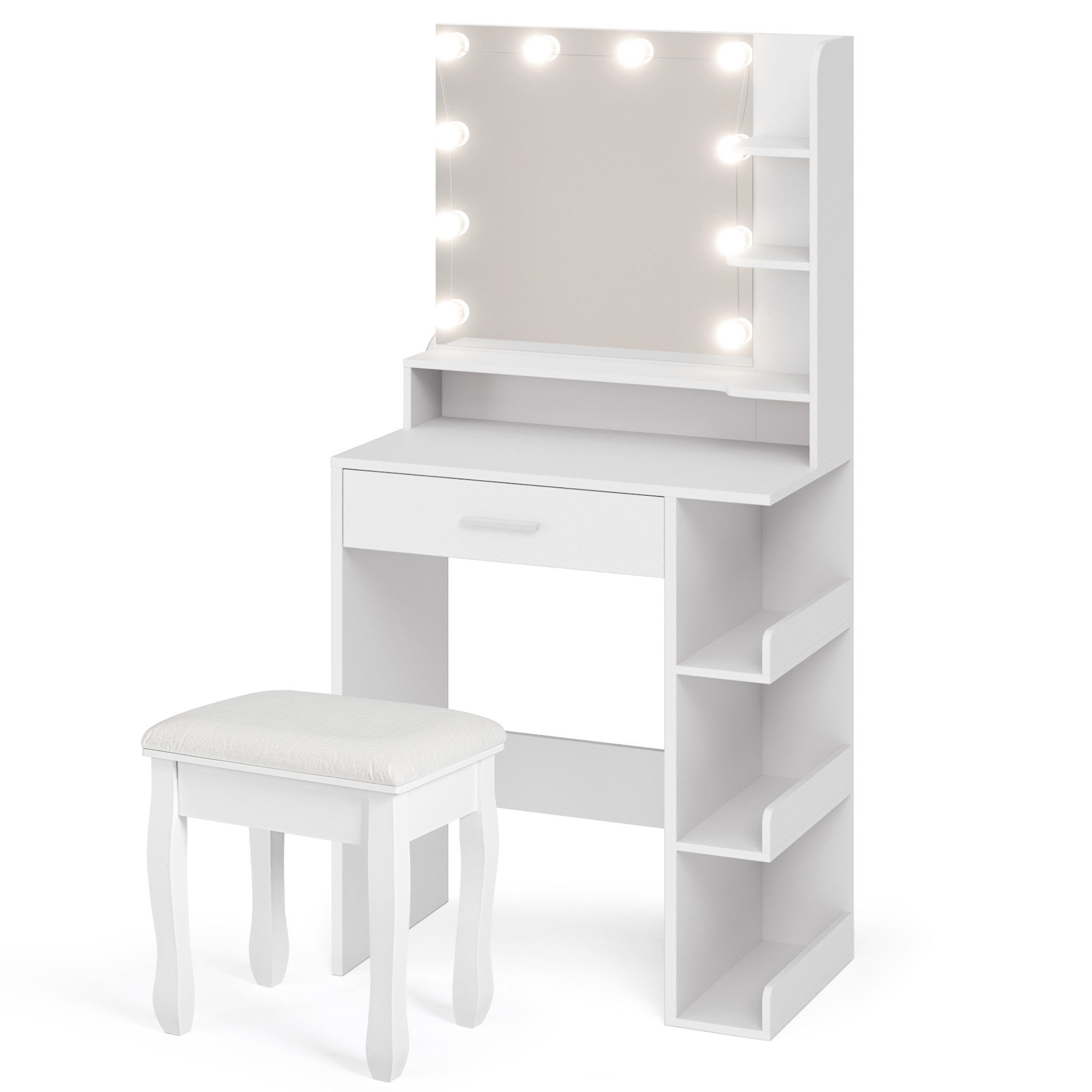 Mondeer Schminktisch Kosmetiktisch (mit Hocker), mit Spiegel und 10 LED-Lichtkugeln,1 Schublade und 7 Offenen Fächern