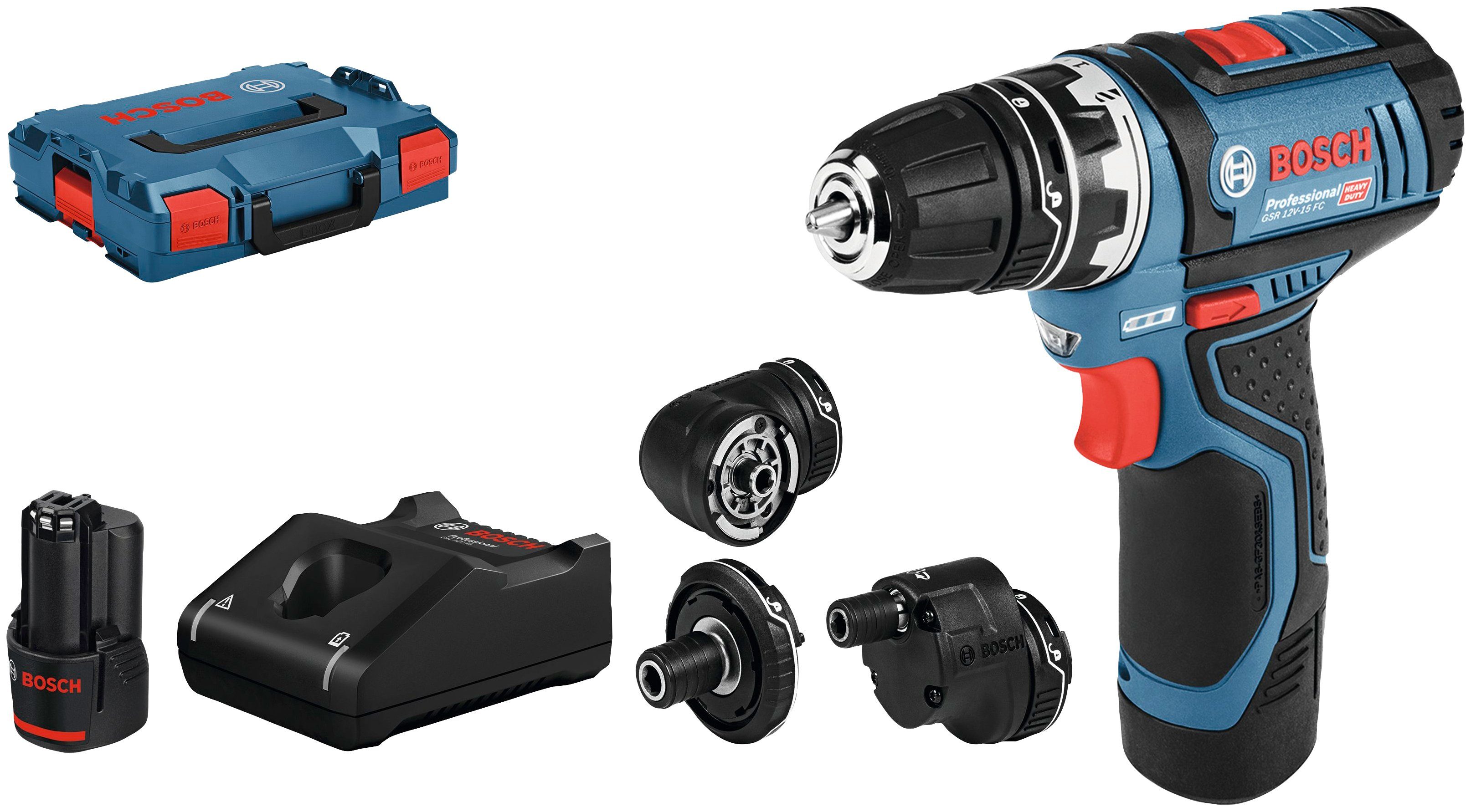 Bosch Professional Akku-Bohrschrauber Aufsätze U/min, Flexi-Click und GSR 2 Akkus, (Set), 1300 Koffer Ladegerät, 12V-15, max. inkl