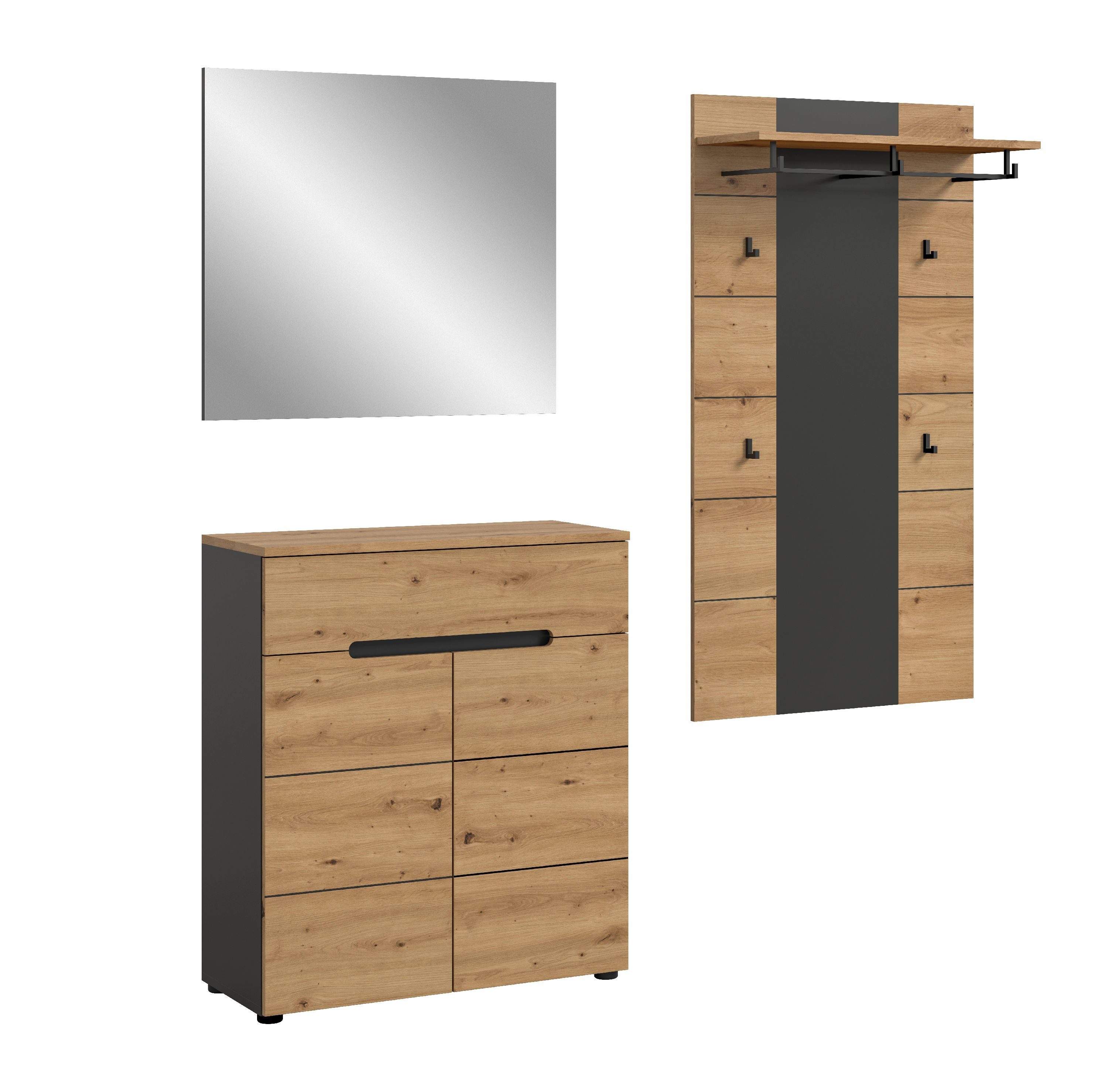 xonox.home Garderoben-Set, (3tlg. Set inkl. Paneel, Schuhkommode, Spiegel), Basalt grau Nachbildung Melamin beschichtet modern 175x190x37 cm