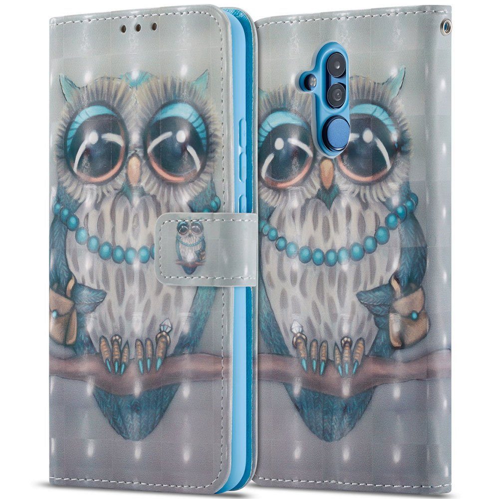 FITSU Handyhülle Handytasche für Huawei Mate 20 Lite Hülle Eulen Motiv 6,3 Zoll, Case für Huawei Mate 20 Lite Handyhülle, Handytasche mit Kartenfach
