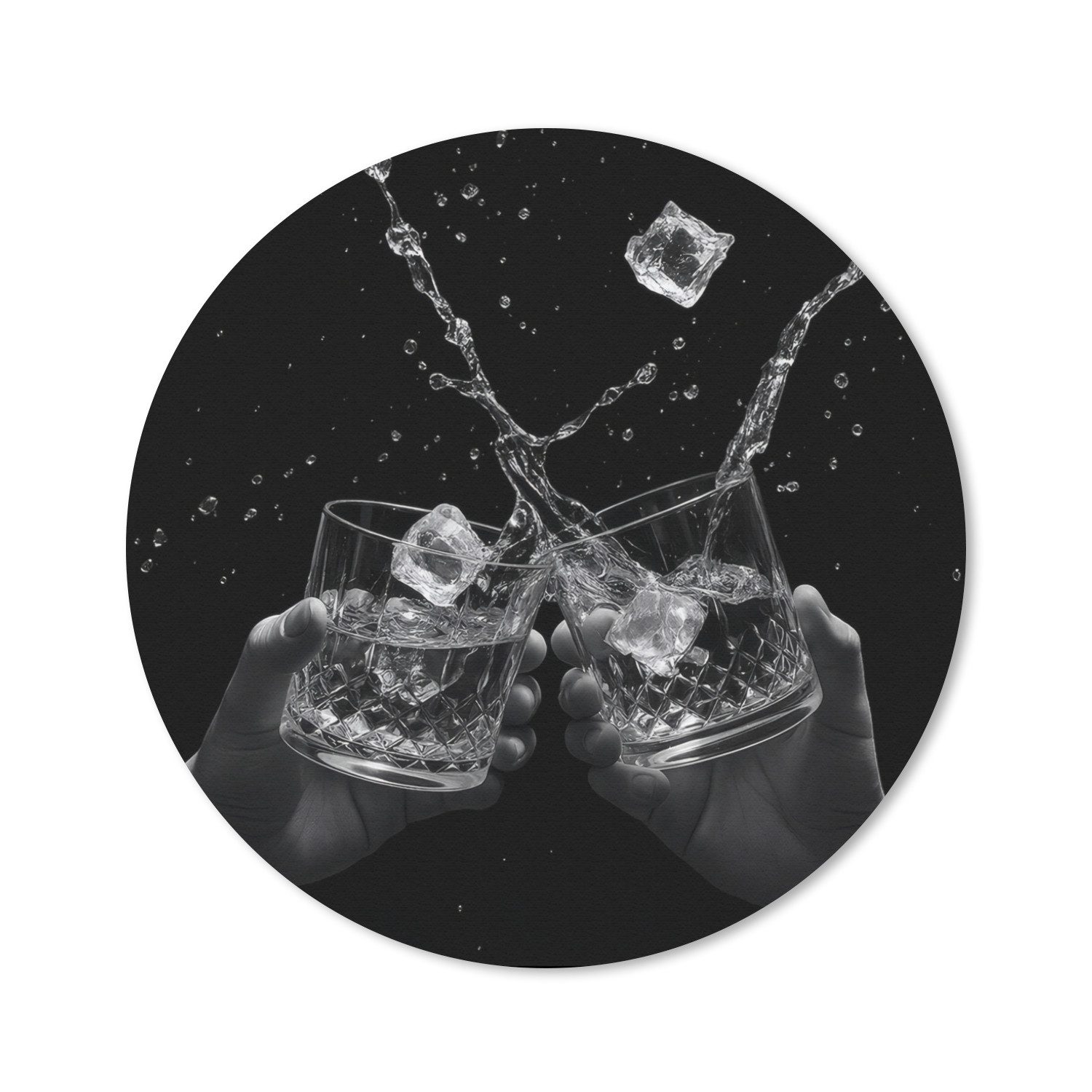 MuchoWow Mauspad Whicky Gläser - Eis - Splashes - Schwarz (1-St), Gaming, Rutschfester Unterseite, Mausunterlage, Rund 50x50 cm