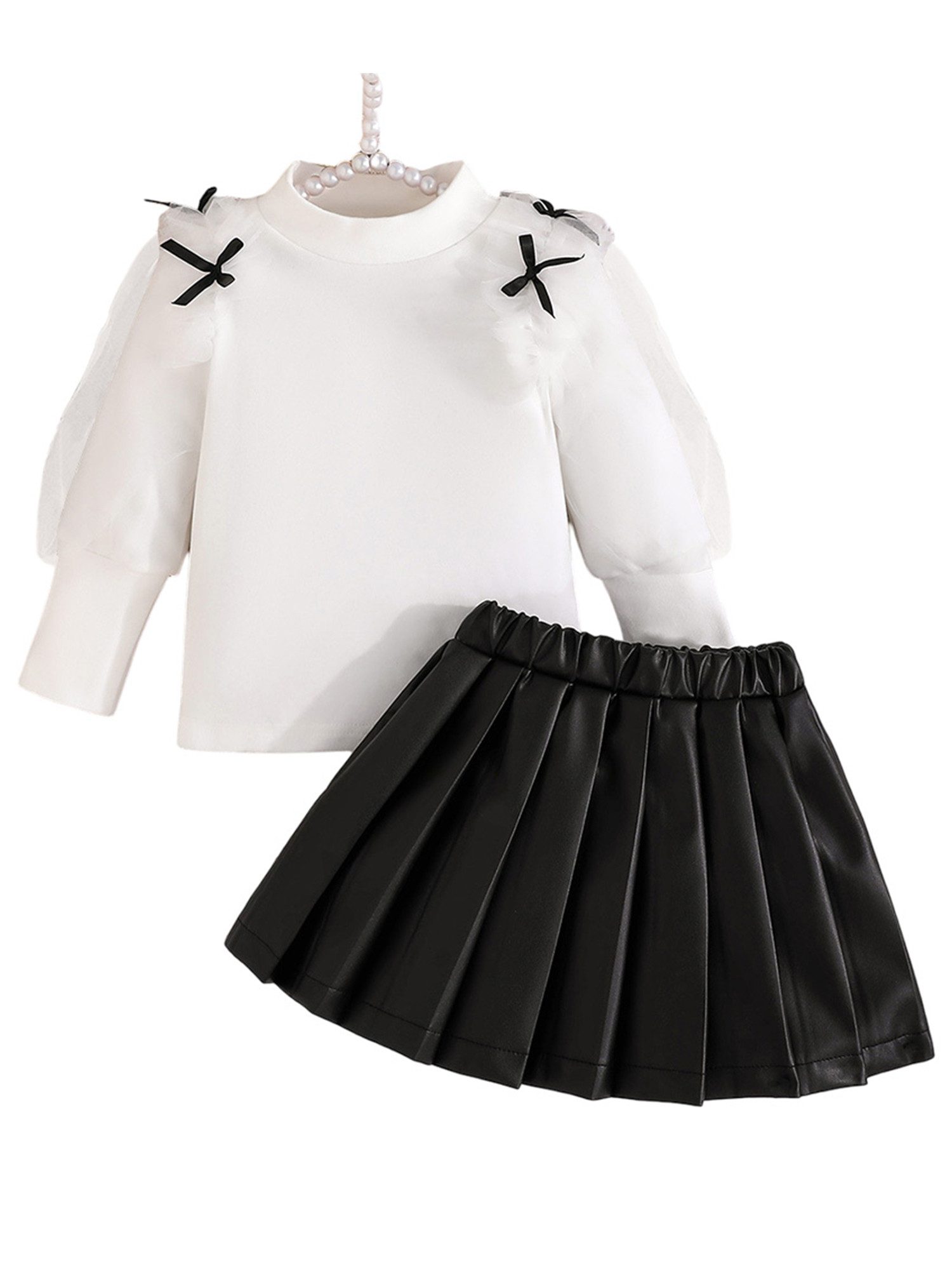 Lapastyle Shirt & Rock Langärmeliges Outfit für Babys, Oberteil aus Mesh-Patchwork, PU-Rock (Set, 2-tlg) Baby Kleinkind-Outfit mit Puffärmeln, für Partys, Geburtstage