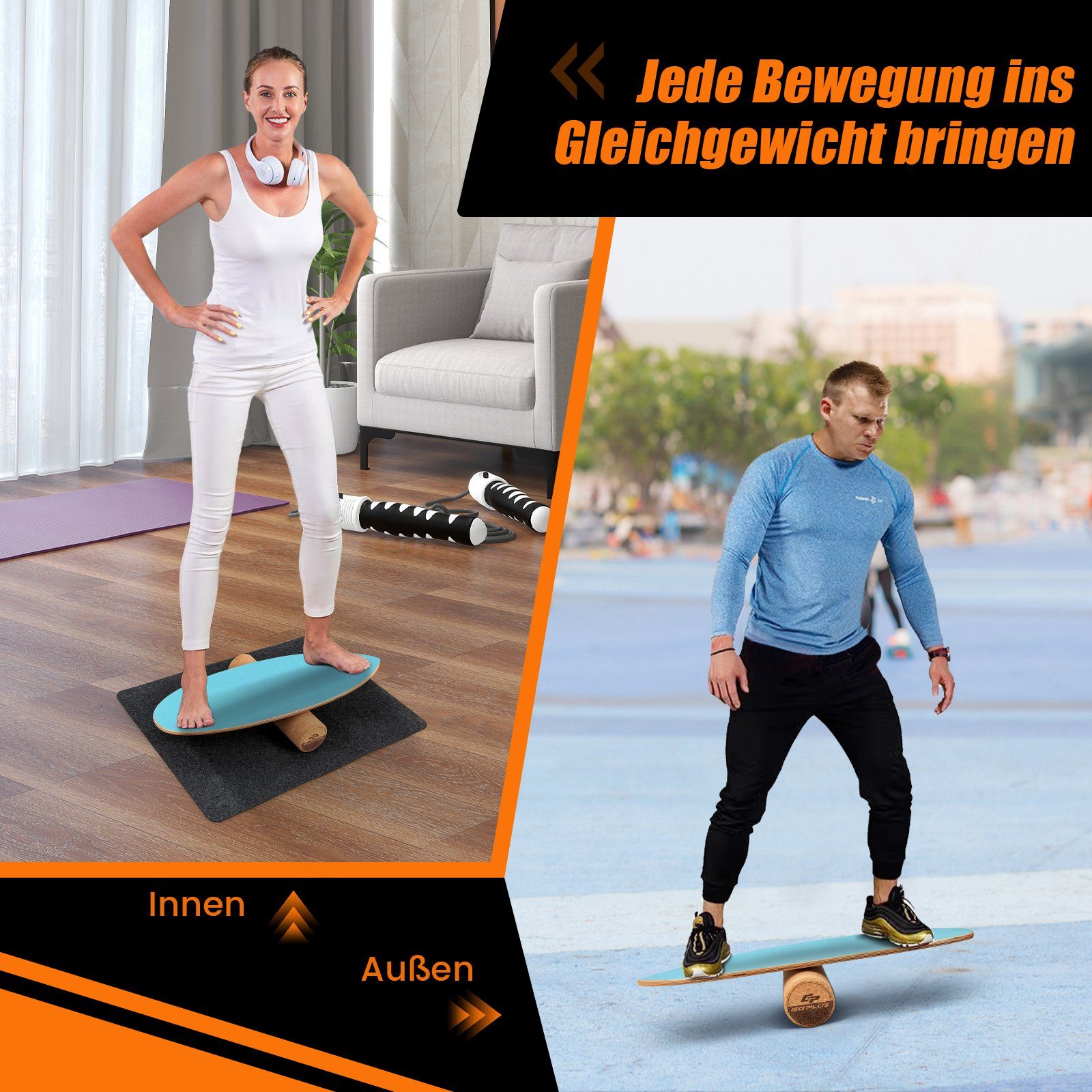 COSTWAY Balanceboard, aus Holz, für zuhause, inkl. Korkrolle, bis 227kg