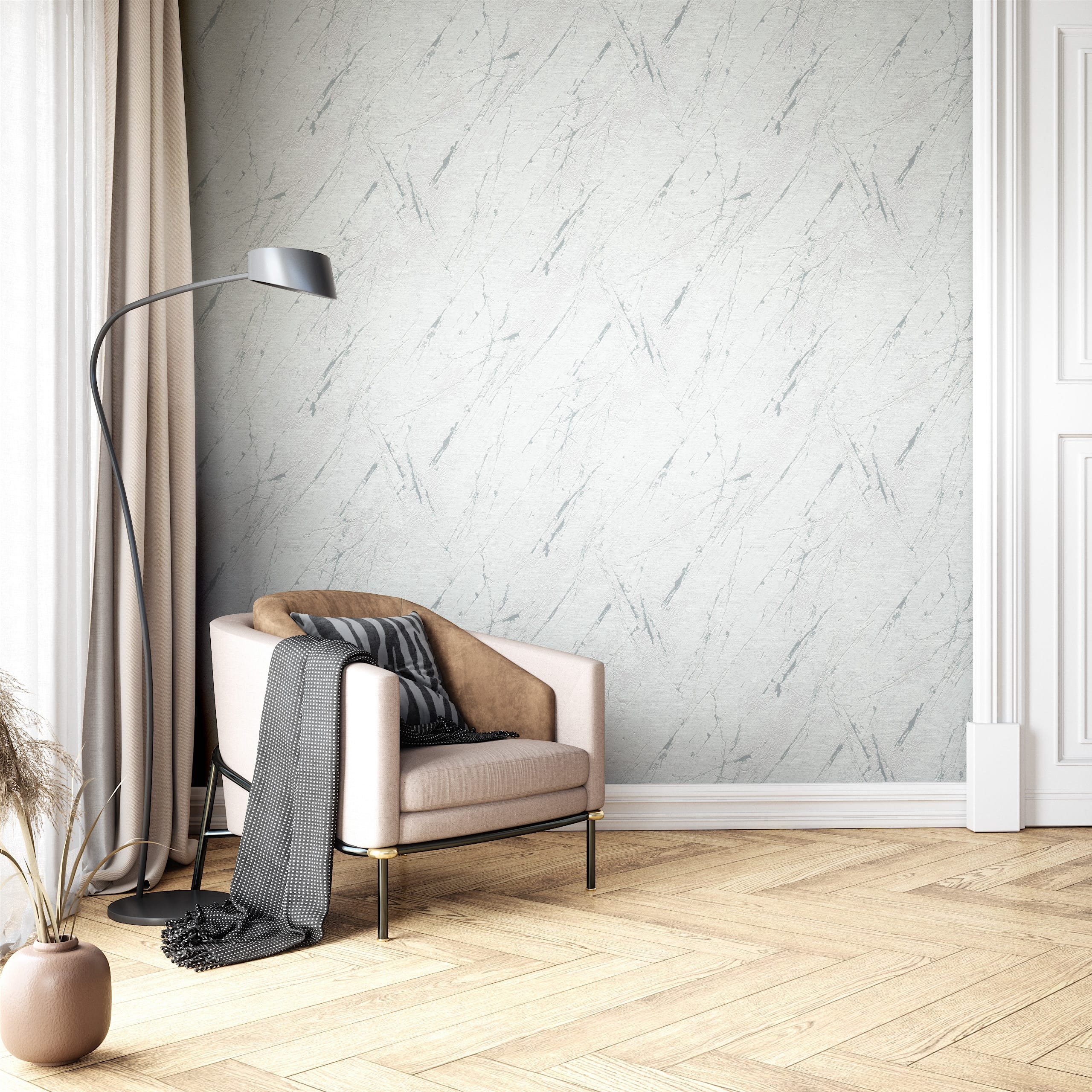 Newroom non-woven wallpaper Marmora 01, marble look, marble, metallic, grey. Modern marble wallpaper - marble look, light grey, silver, 3D effect, glamour metallic, for living room, bedroom, kitchen.
