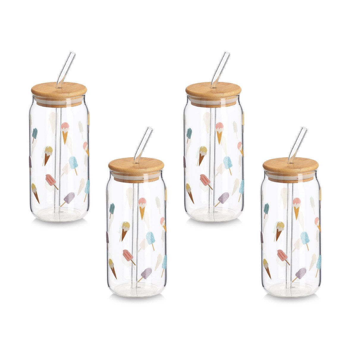 Zeller Present Gläser-Set Trinkglas-Set, 4er Set, 12-tlg., Glas, Holz, Stilvolles Sommer-Motiv mit Deckel und Glastrinkhalm, 500 ml