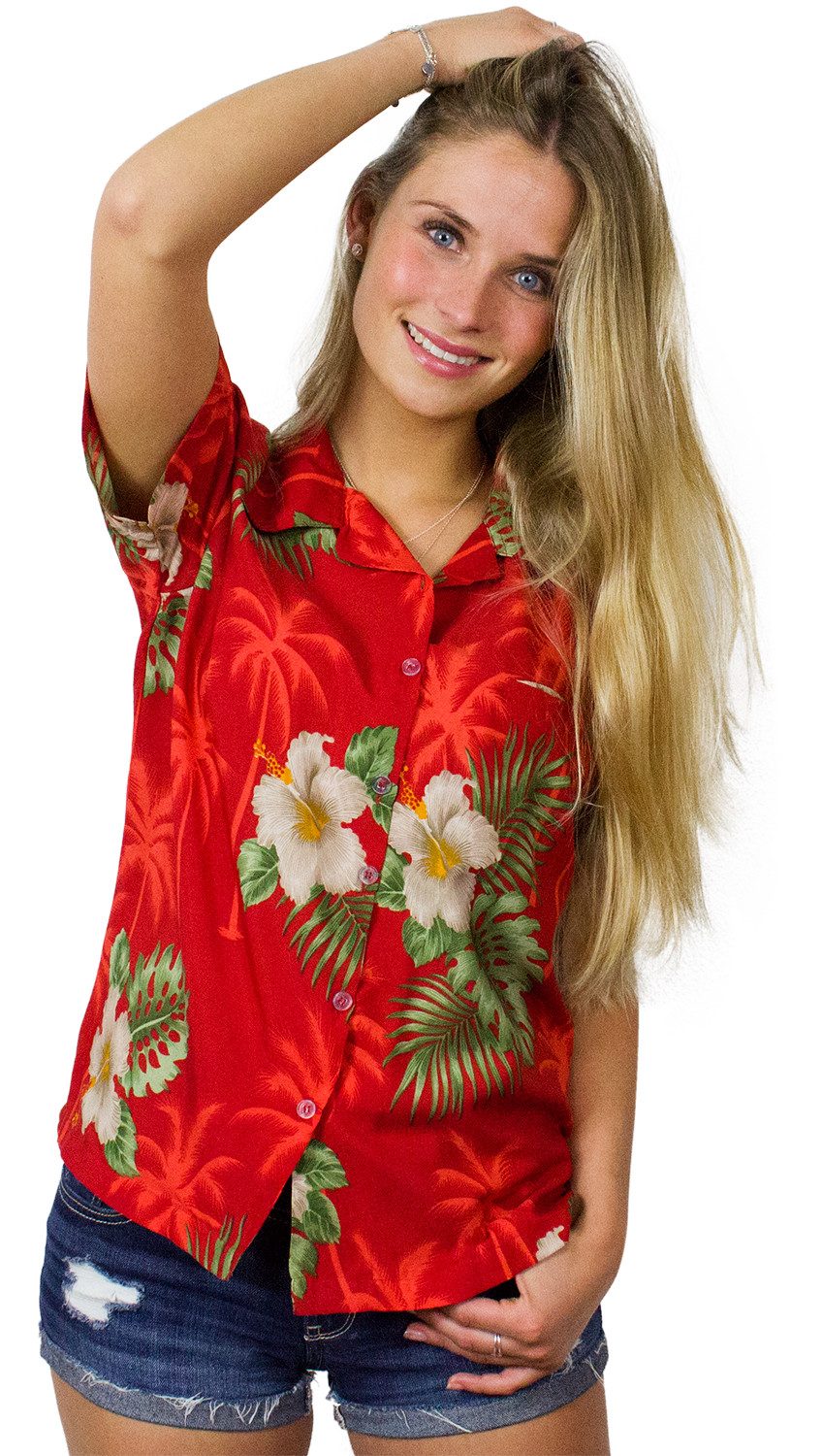 King Kameha Hawaiihemd Small Flower Funky Hawaiibluse Damen Kurzarm Front-Tasche Stylish