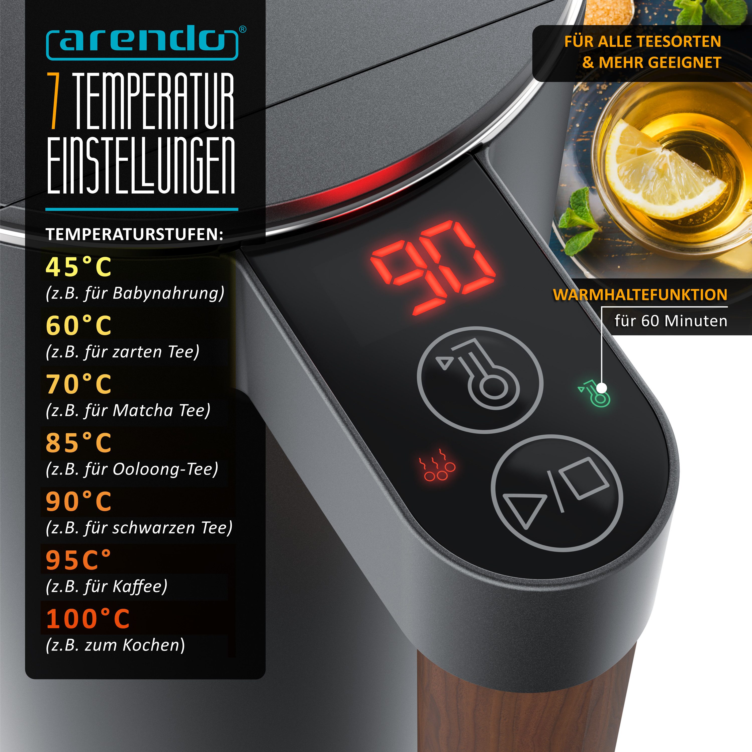 Arendo Wasserkocher Edelstahl, Temperatureinstellung 40° - 100 °C mit Anzeige, Doppelwand, 1,5 l, 2200 W, Warmhaltefunktion, 360° Basis, mit Griff in Holzoptik, BPA-frei