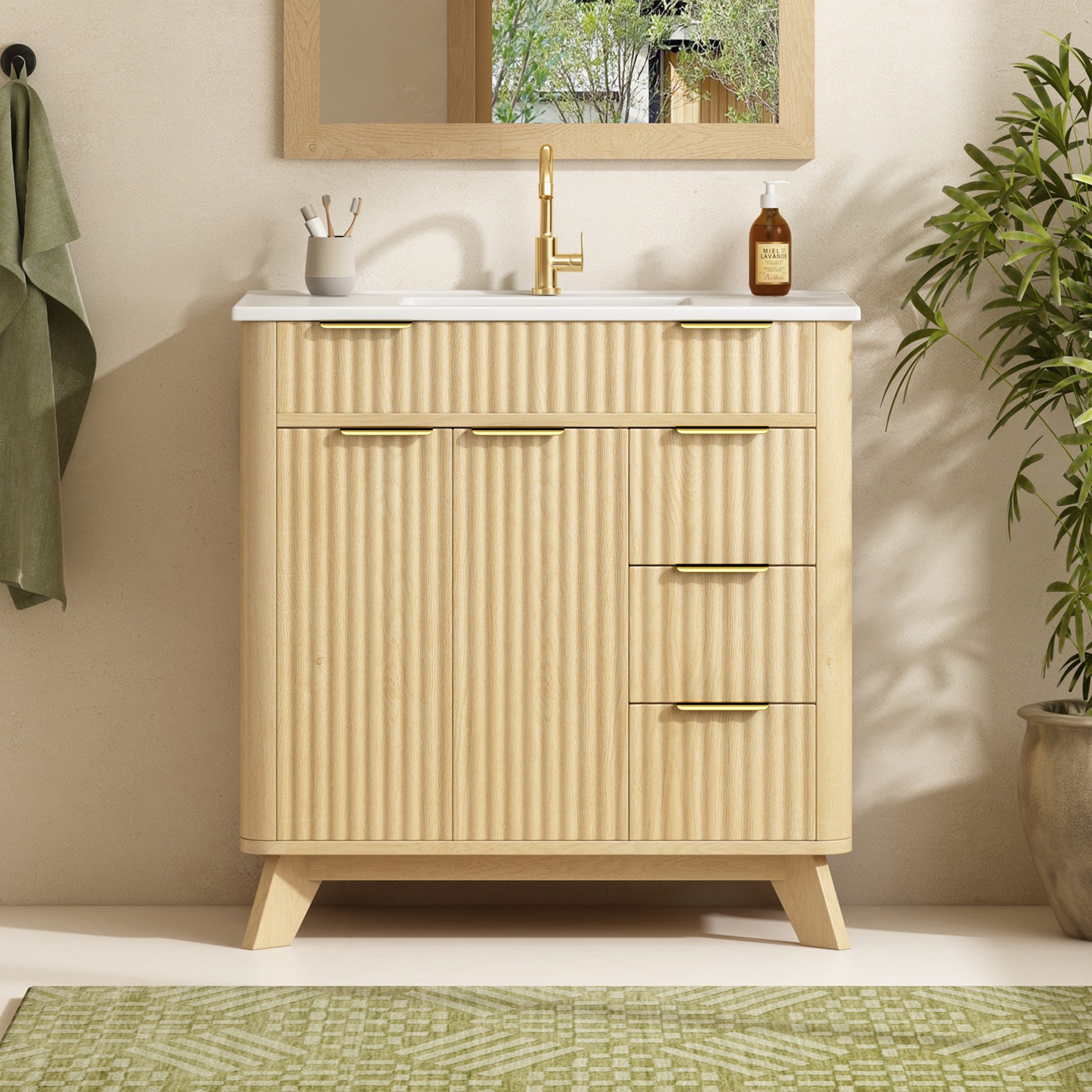 Merax Waschtisch mit Waschbecken, freistehend Waschtischunterschrank Holzoptik (Badezimmer Unterschrank ohne Armatur, 1-St., 81×47×90cm), Badschrank mit 3 Schubladen, Doppeltür & Einlegeboden