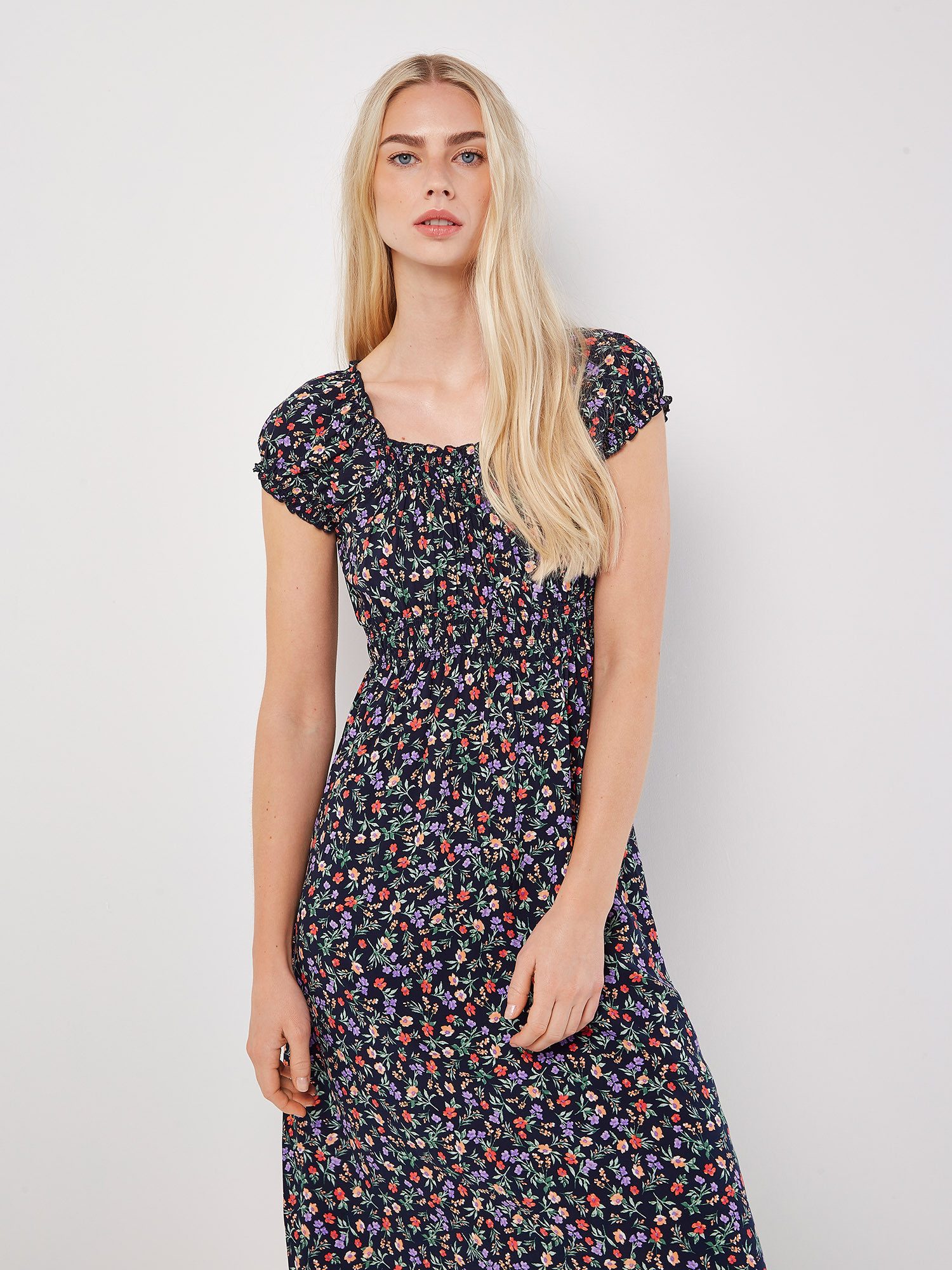 Apricot Midikleid Florales Midikleid mit gesmokter Taille – Bild 2 von 5