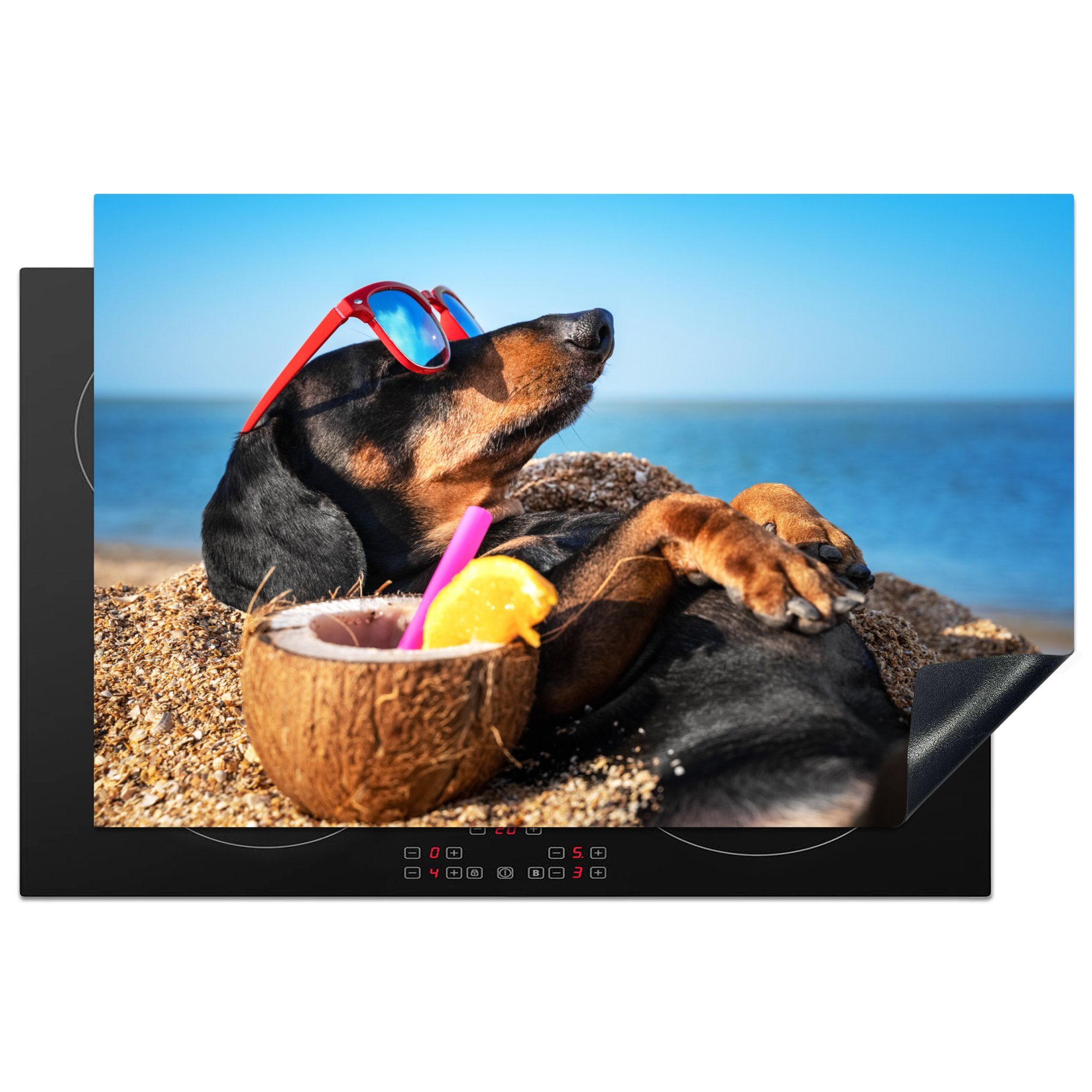 MuchoWow Herdblende-/Abdeckplatte Sonnenbrille Induktionskochfeld tlg), Strand - Vinyl, Hund die küche, Schutz für cm, - Sommer, - (1 81x52 Ceranfeldabdeckung