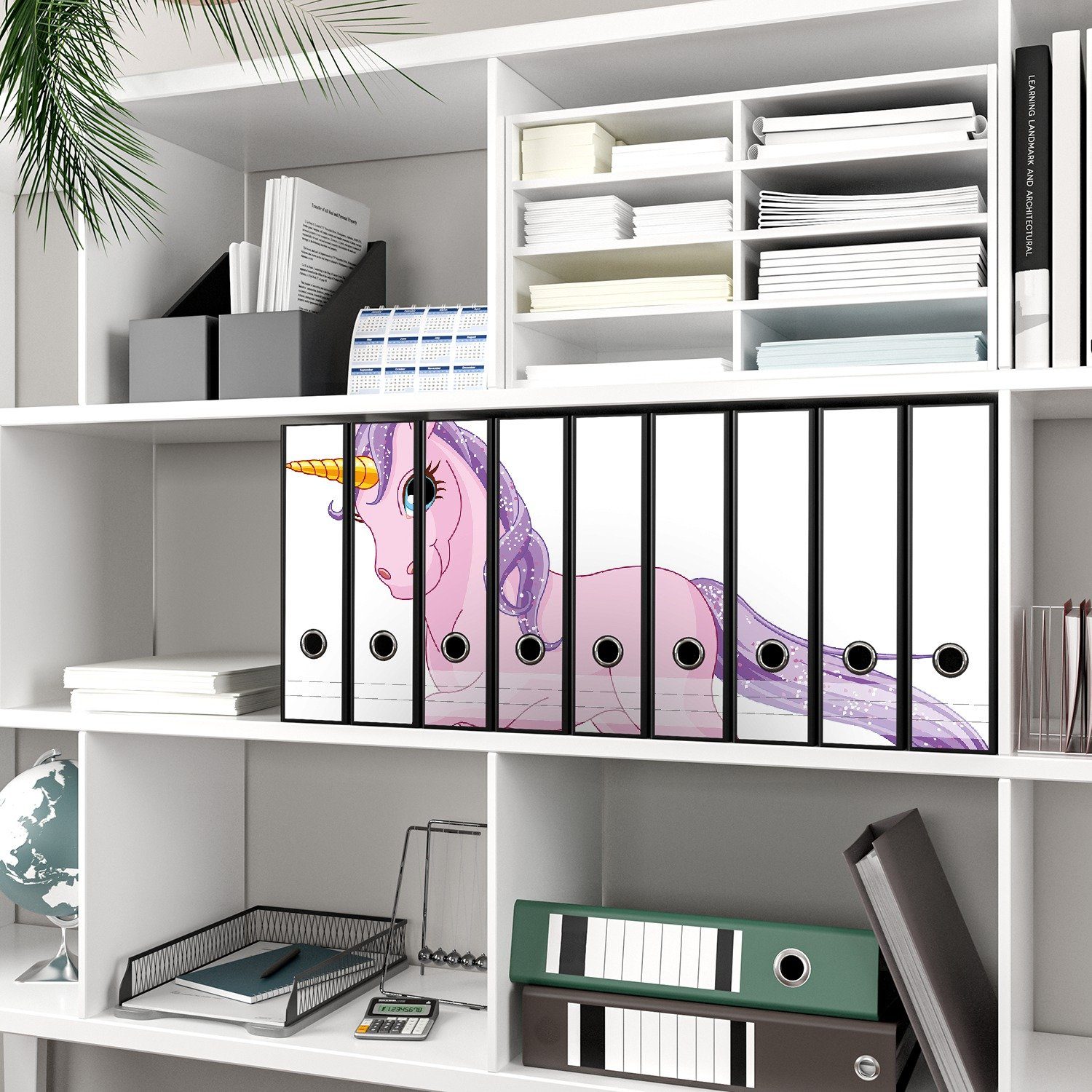 Thumbnail - Wallario Etiketten Einhorn in rosa mit Schweif in lila, Ordnerrücken-Sticker in verschiedenen Ausführungen