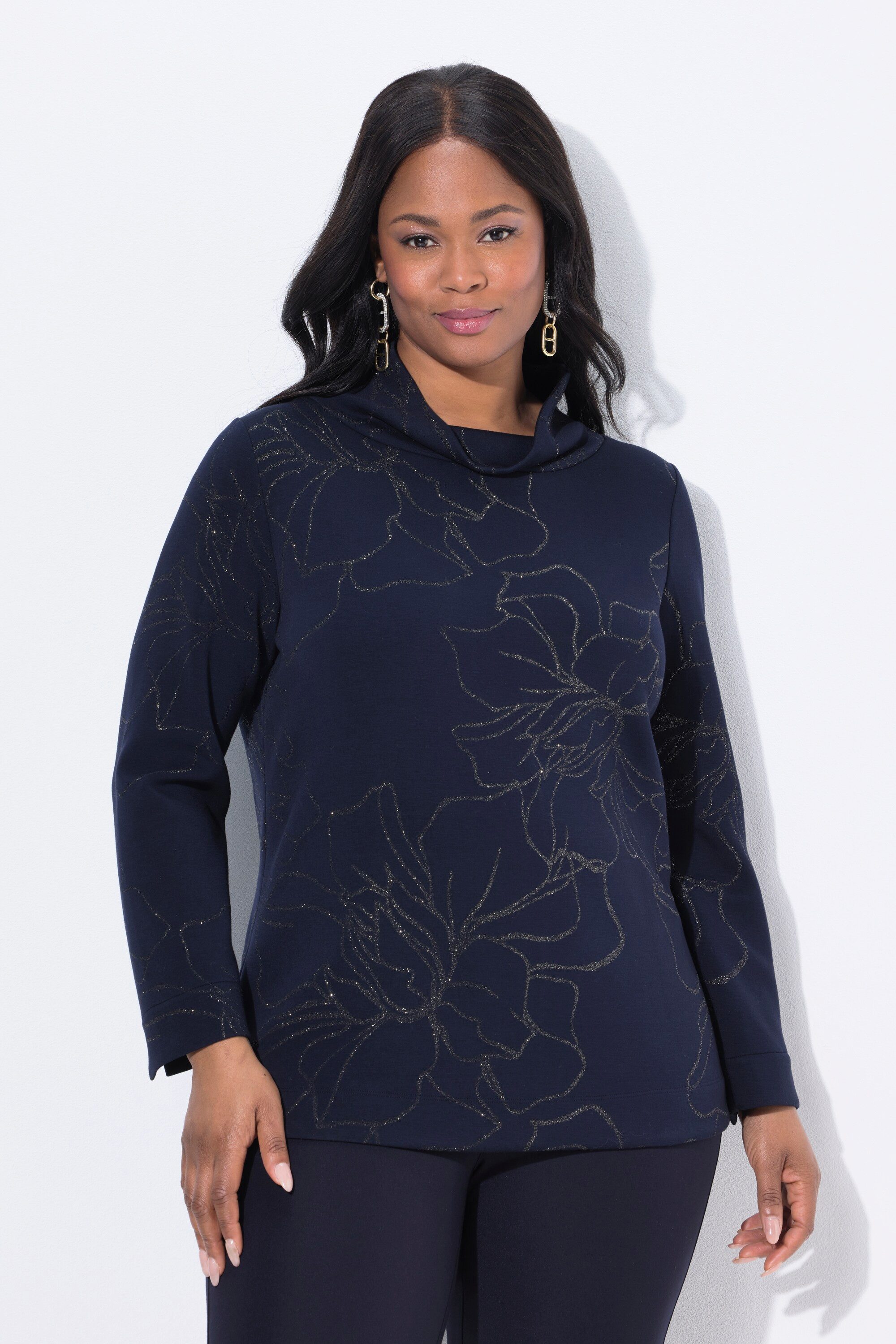 Ulla Popken Sweatshirt Sweatshirt Glitzer-Blüten Stehkragen günstig online kaufen