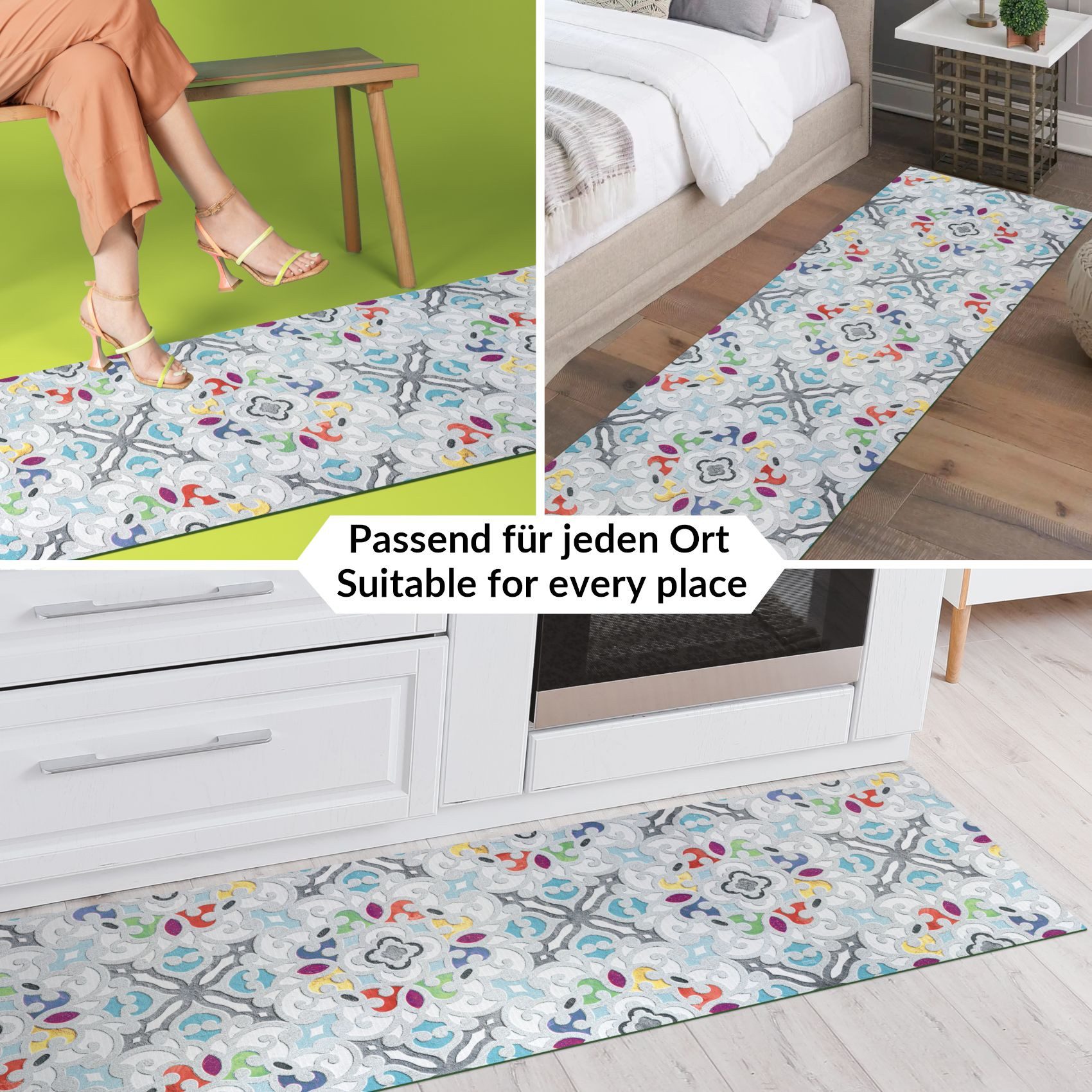 ANRO Küchenläufer GreenLine Teppichläufer Textil, Rechteckig, Höhe: 3 mm, Bodenläufer 100cm Valentina Grau pflegeleicht