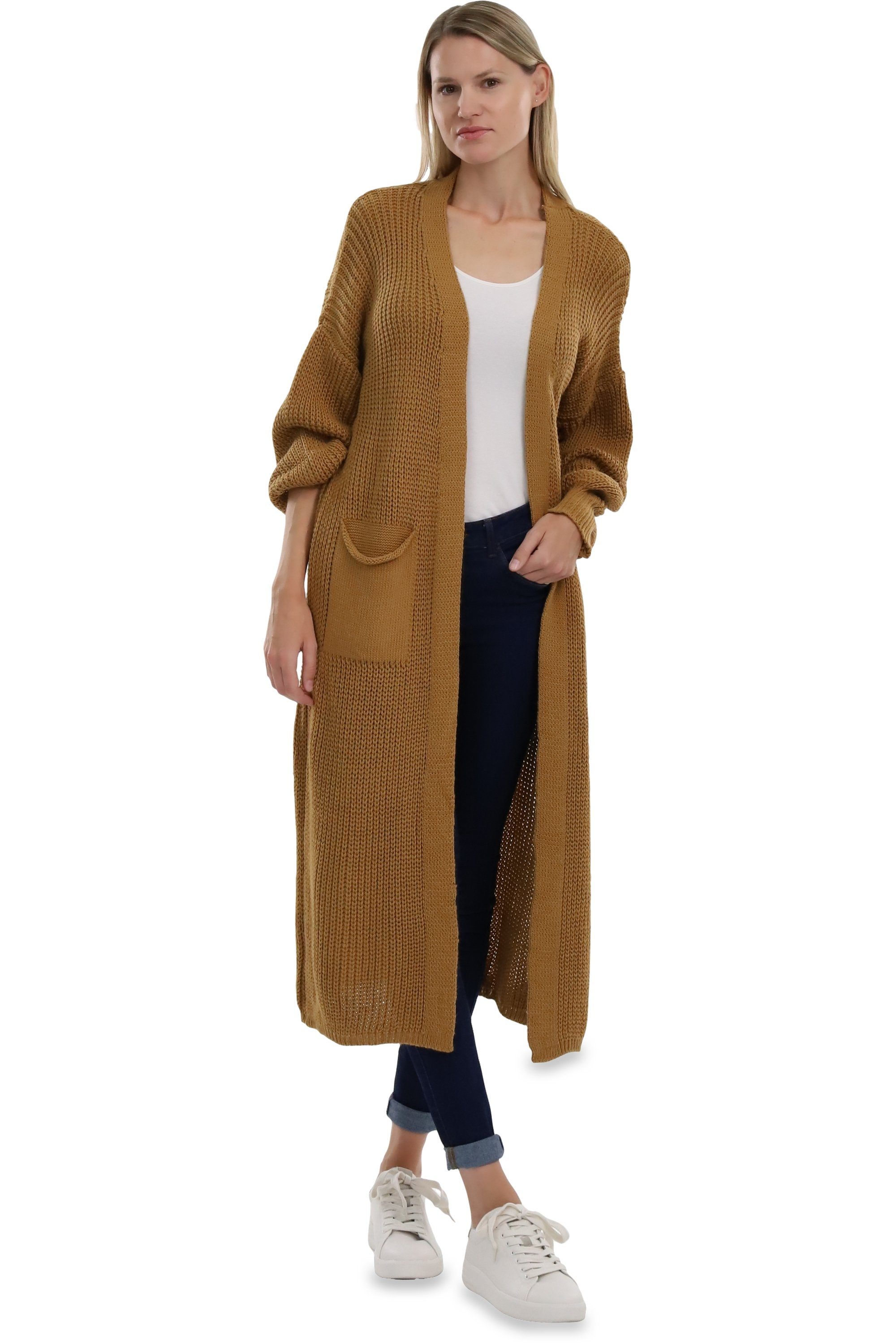 malito more than fashion Longstrickjacke malito Damen Strickmantel, schicker Cardigan, moderne Wollmantel, offene lange Strickjacke in Grobstrick-Optik