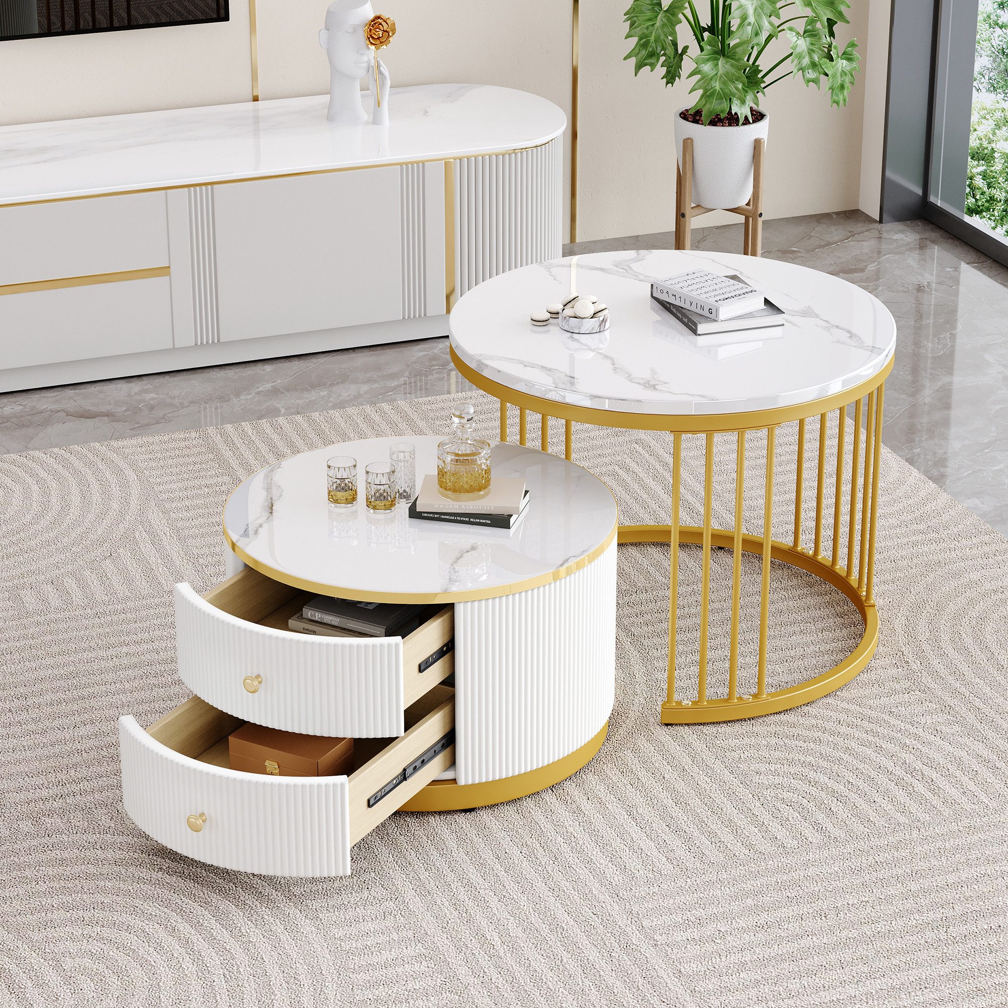 MODFU Couchtisch Couchtisch-Set in Nestform (Sofatisch, Wohnzimmertisch, 2-St., 60*60*45.5+50*50*32 cm), mit 2 Schubladen, hochglänzender Marmoroptik
