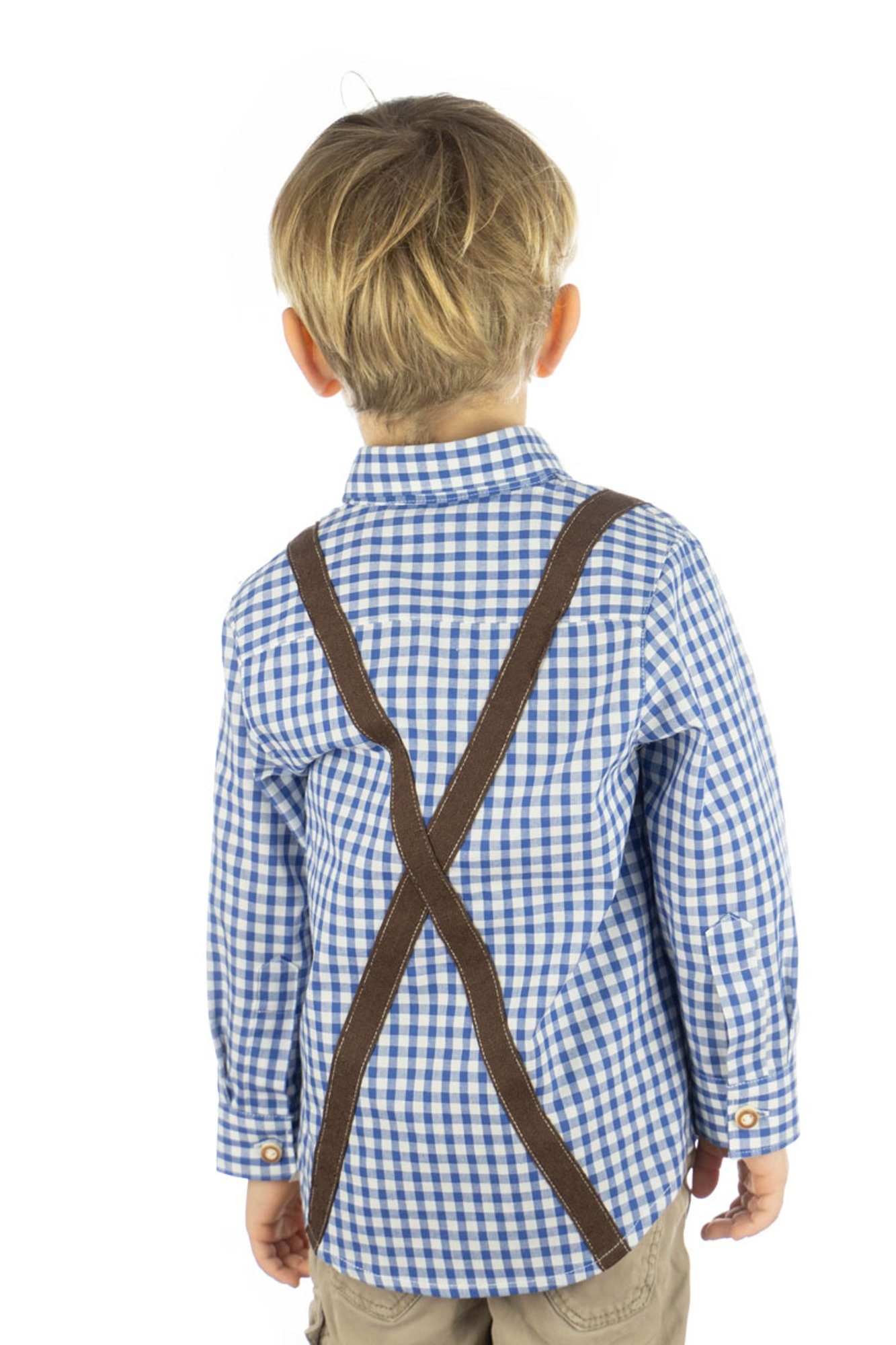 Trachtenhemd Schlupfform Jungen mittelblau mit Hosenträgern Hemd OS-Trachten aufgenähten Velmowo Langarm