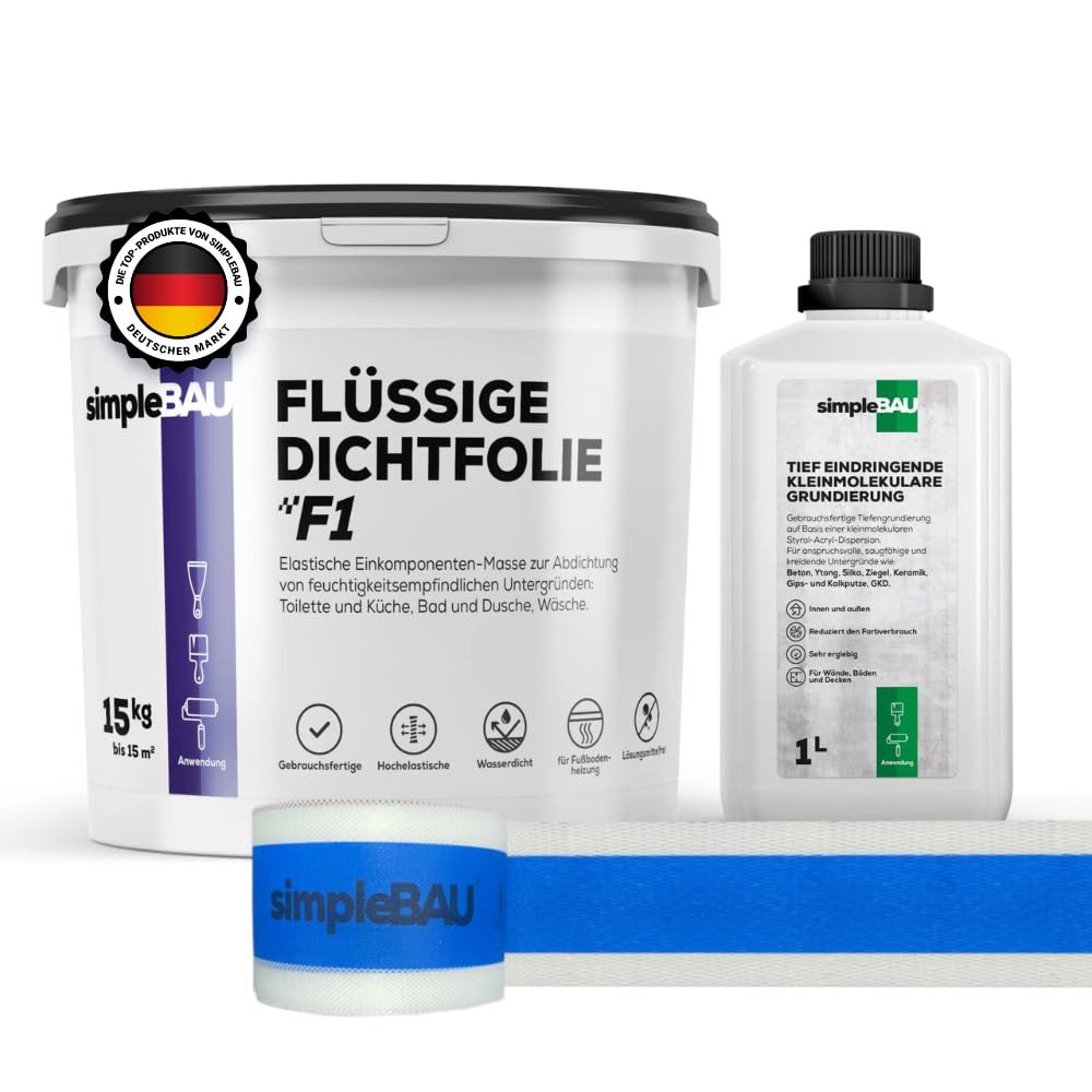 simpleBAU Dichtstoff Flüssigfolie F1 15 kg + Tiefengrund 1 L und Elastisches Dichtband 10M