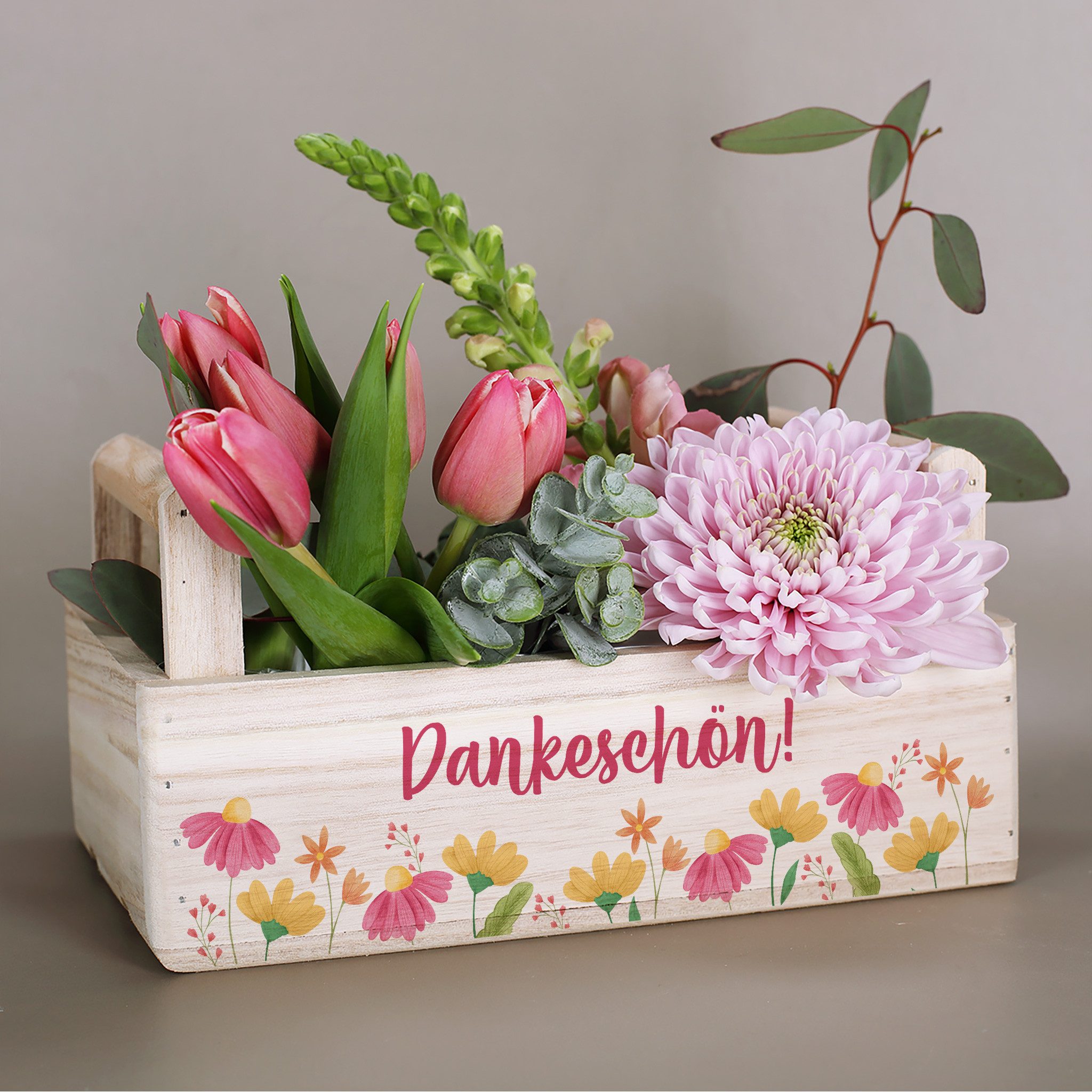 Herz & Heim Geschenkbox aus Holz - Geschenkkorb mit Blumen Motiv als Geschenkverpackung, mit Holzgriffen