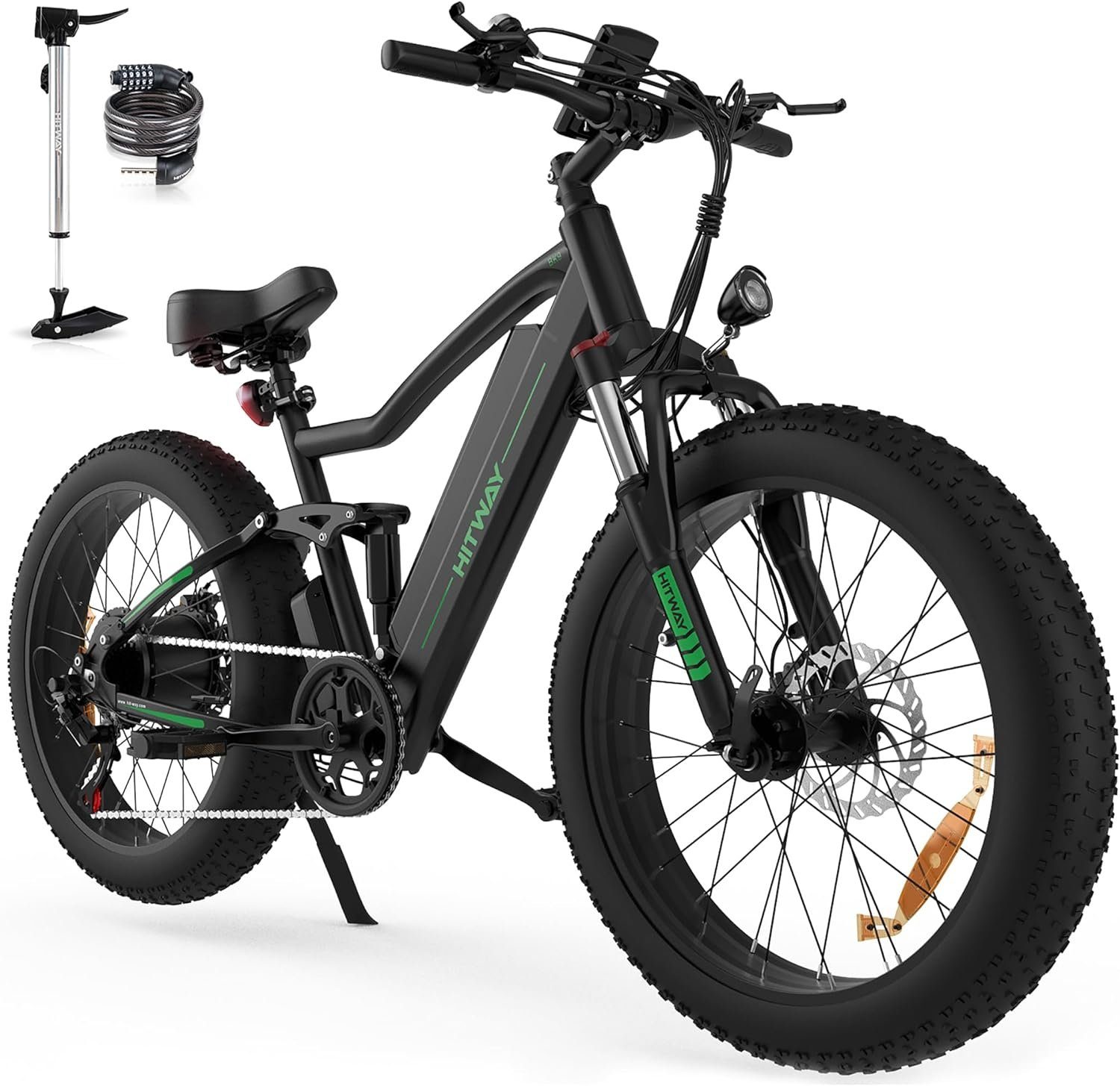 (Kommt Mountainbike, mit Luftbereifung HITWAY Zoll Zoll 15Ah Ladegerät, 26*4,0 48V Elektrofahrrad Heckmotor, MTB Sitz), SHIMANO, Gang Pumpe, 4.0 26 7 E-Bike 15Ah STVZO-konform MTB 48V