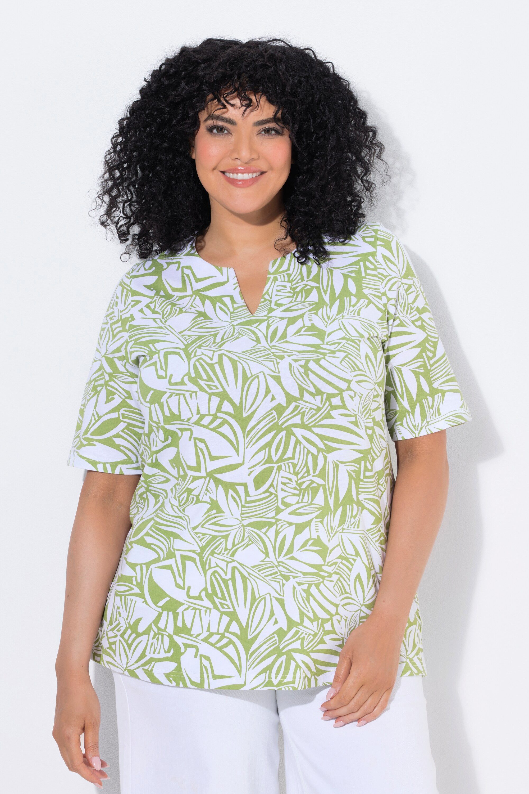 T-Shirt T-Shirt Blätter A-Linie Tunika-Ausschnitt Halbarm