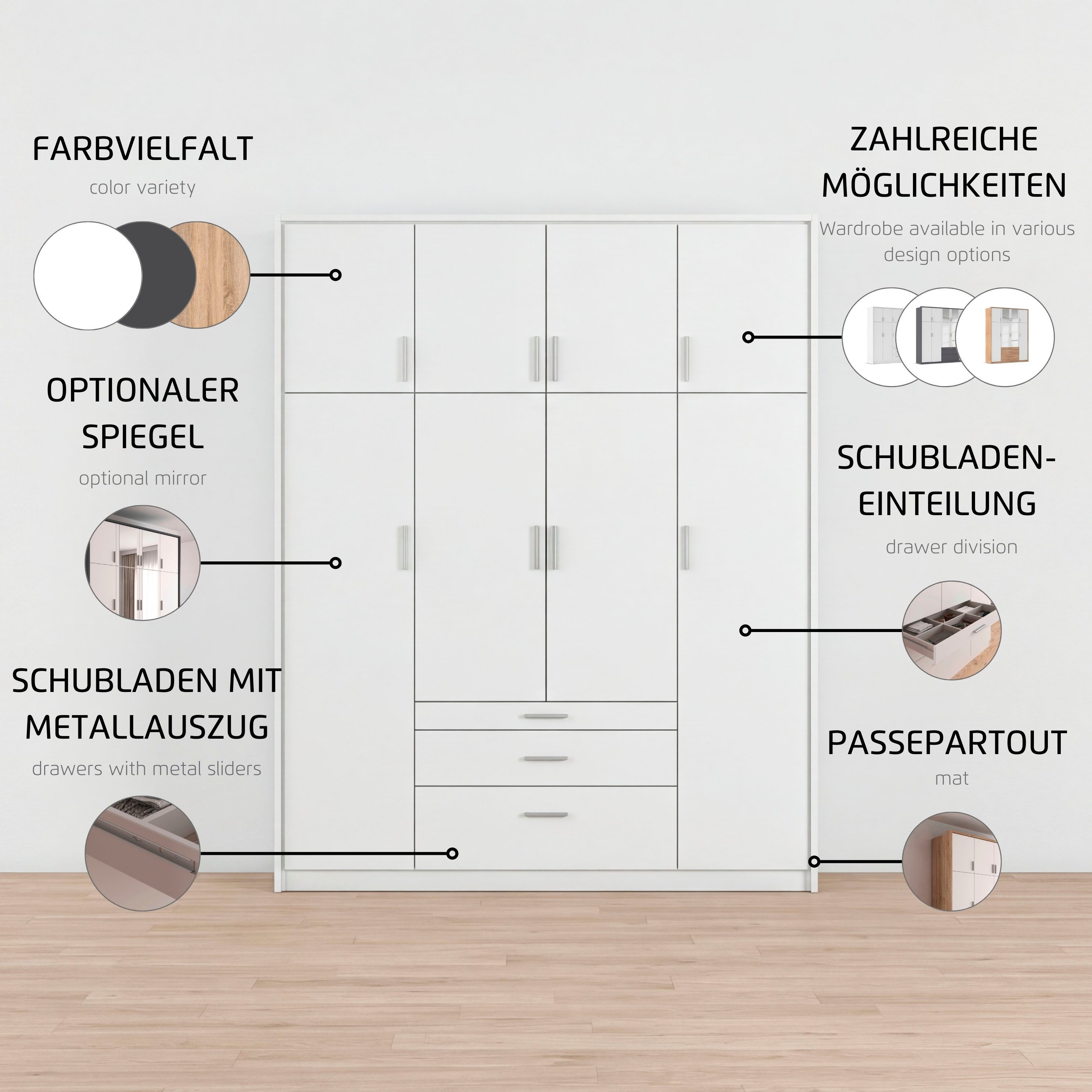 rauch Kleiderschrank Schrank Drehtürenschrank Garderobe Ankleide Schlafzimmer HILDESHEIM (Breiten: 185/275 cm, Höhe 231 cm) oberste Schublade mit praktischer Facheinteilung MADE IN GERMANY
