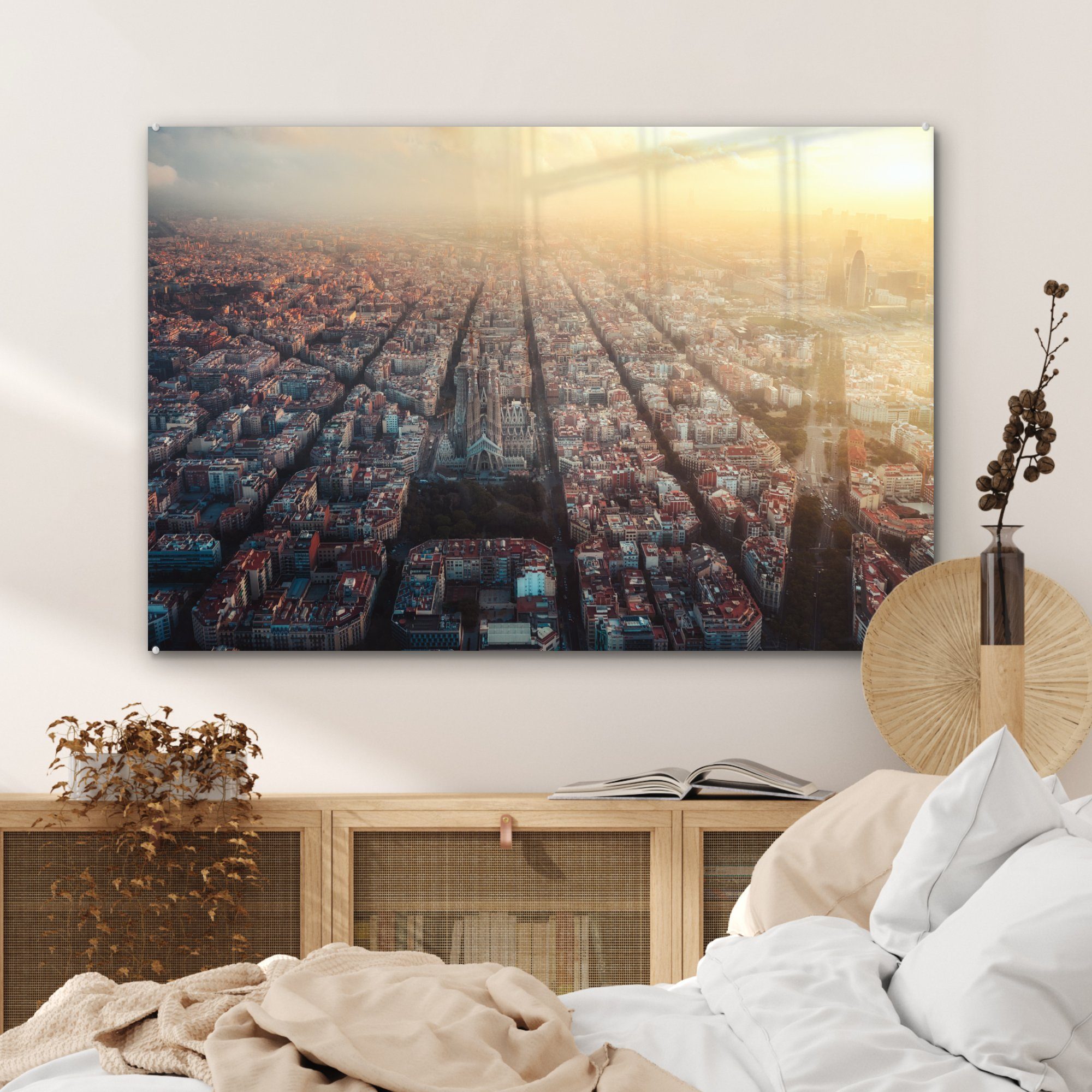 - MuchoWow Acrylglasbilder (1 St), Architektur Acrylglasbild Schlafzimmer & Barcelona, - Wohnzimmer Sonne