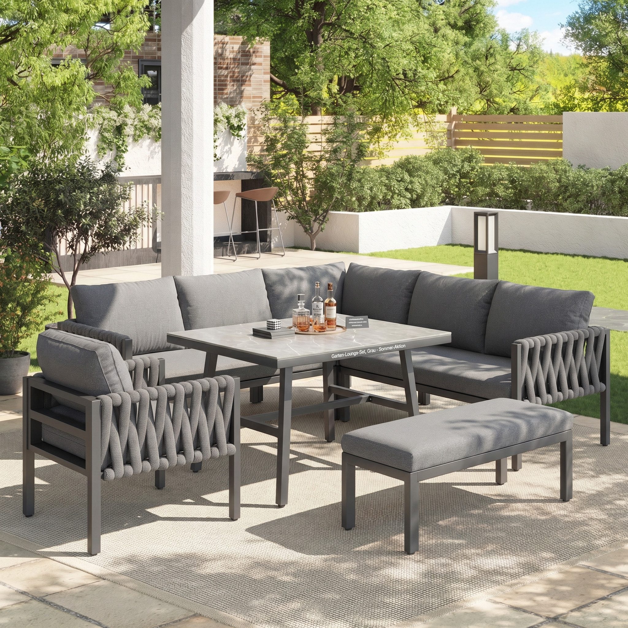 KLAM HOME Gartenlounge-Set Seilgartenmöbelset mit Ecksofa und verstellbare Beine für 7-8 Personen, (5-tlg., 1 4-Sitzer Sofa, 1 Ecksofa, 1 Sessel, 1 Couchtisch, 1 Fußbank), geeignet für Gärten, Schwimmbäder und Terrasse