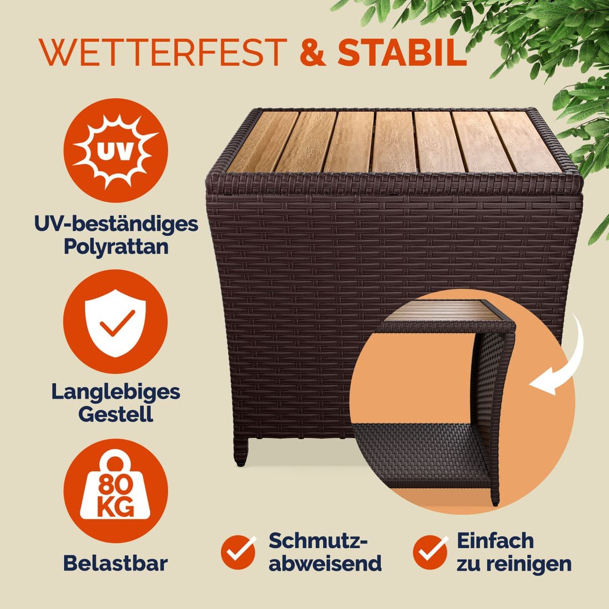 Casaria Beistelltisch, Polyrattan Akazienholz 45x45x40cm Wetterfest 80kg Belastbarkeit Garten