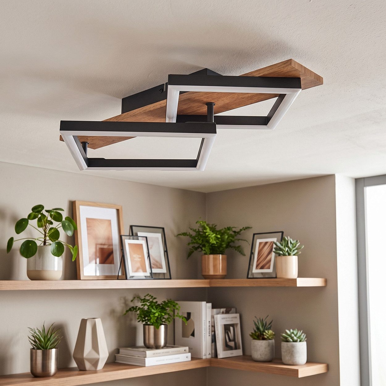 hofstein Deckenleuchte Deckenlampe aus Metall/MDF/Kunststoff in Schwarz/Holzoptik/Weiß, LED fest integriert, 3000 Kelvin, 2-flammig, 18 Watt, 2100 Lumen, 3000 Kelvin