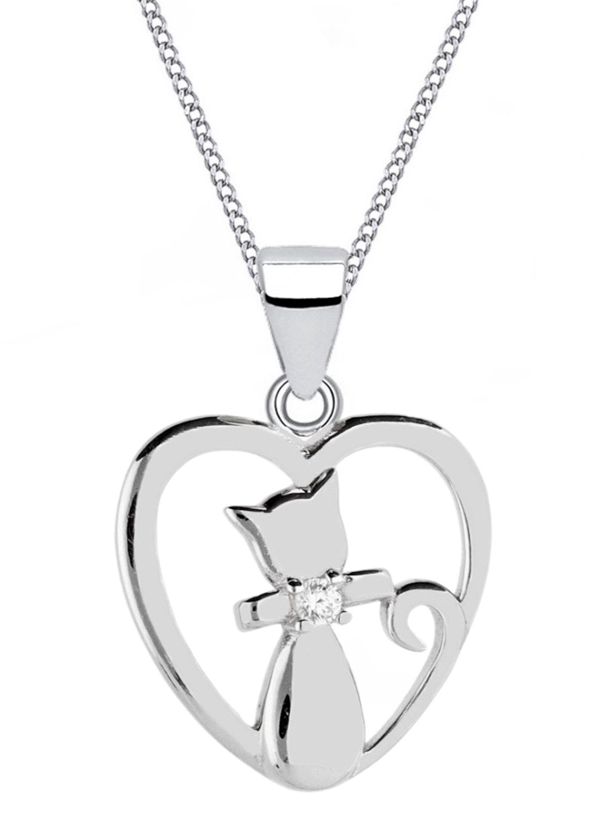 Kette mit Anhänger Halskette Katze mit Herz 925 Silber mit Zirkonia Anhänger Kette