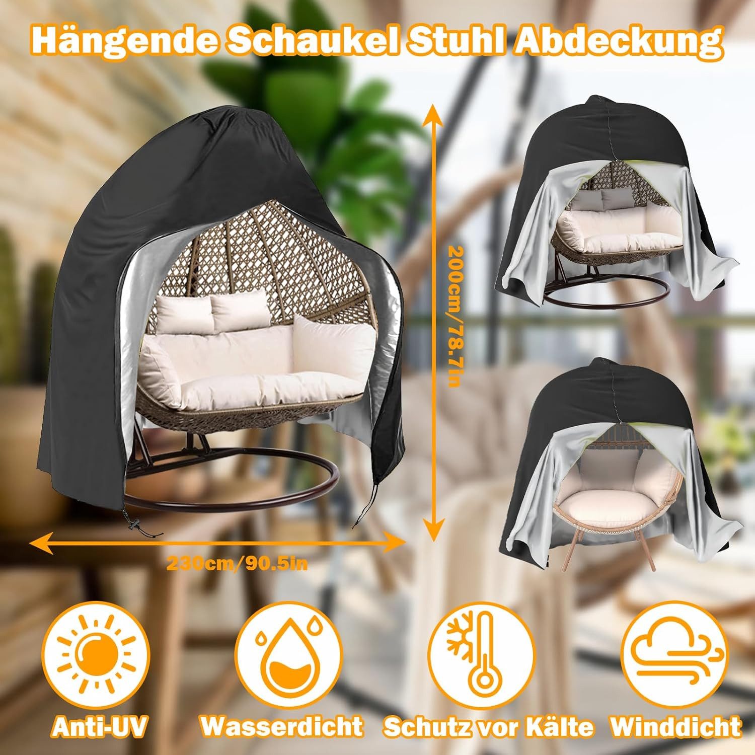BlingBin Gartenmöbel-Schutzhülle 230x200cm Outdoor Hängesessel Abdeckung mit Reißverschluss,Wasserdicht (1er Set, 1-St., 210D Oxford Hängekorb Schwingsessel Abdeckhauben), Hängesessel Schaukel für Eierschaukel, Winddicht UV-Beständig