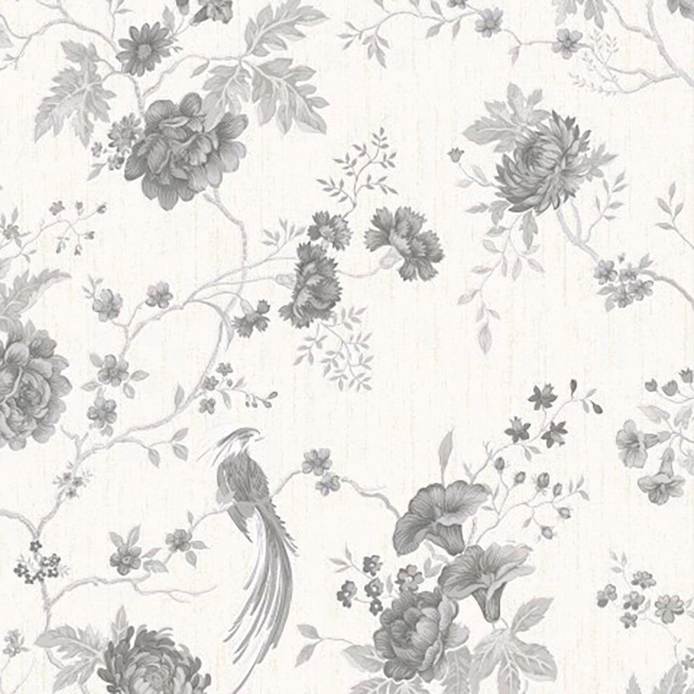 Boutique Vliestapete Vogel & Blumen, aufgeschäumt, geblümt, (1 St), Weiß/Silber - 10m x 52cm