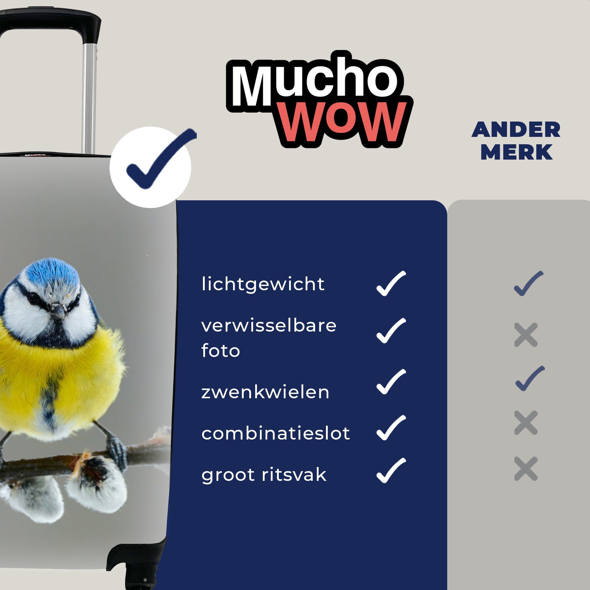 MuchoWow Handgepäckkoffer Zweig rollen, Vogel mit Reisekoffer Blaumeise 4 Blau, - Gelb Ferien, Trolley, Reisetasche - Rollen, Handgepäck - - für