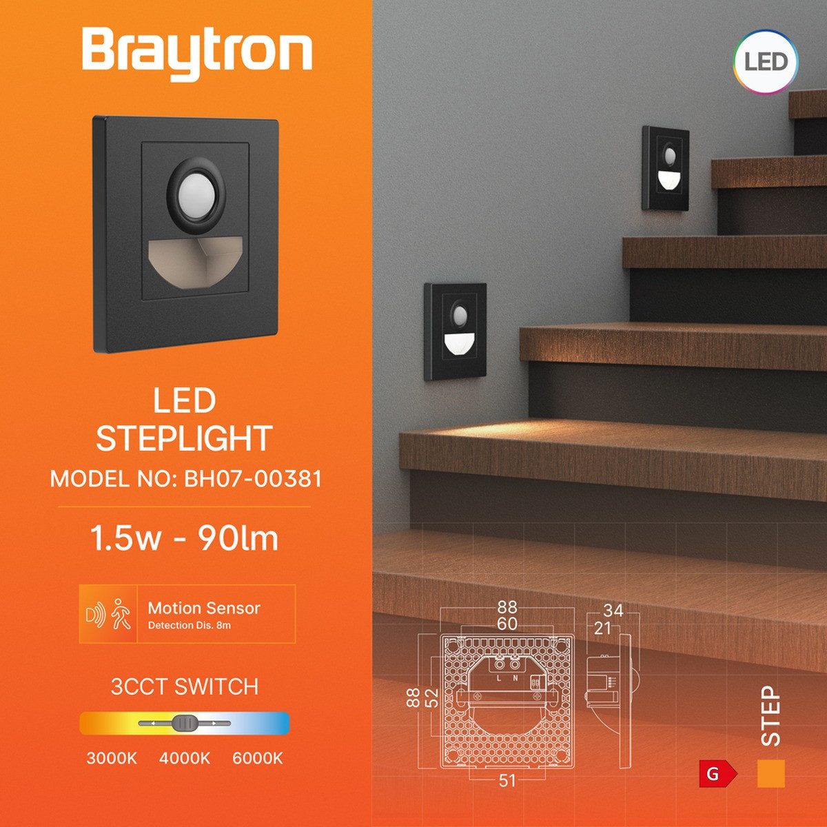 Braytron LED Wandleuchte Treppenlicht 1,5W mit Bewegungsmelder Stufenbeleuchtung 3CCT, LED fest integriert, Neutralweiß, Kaltweiß, Warmweiß, Energieeffizient, Flimmerfrei, Einfache Montage