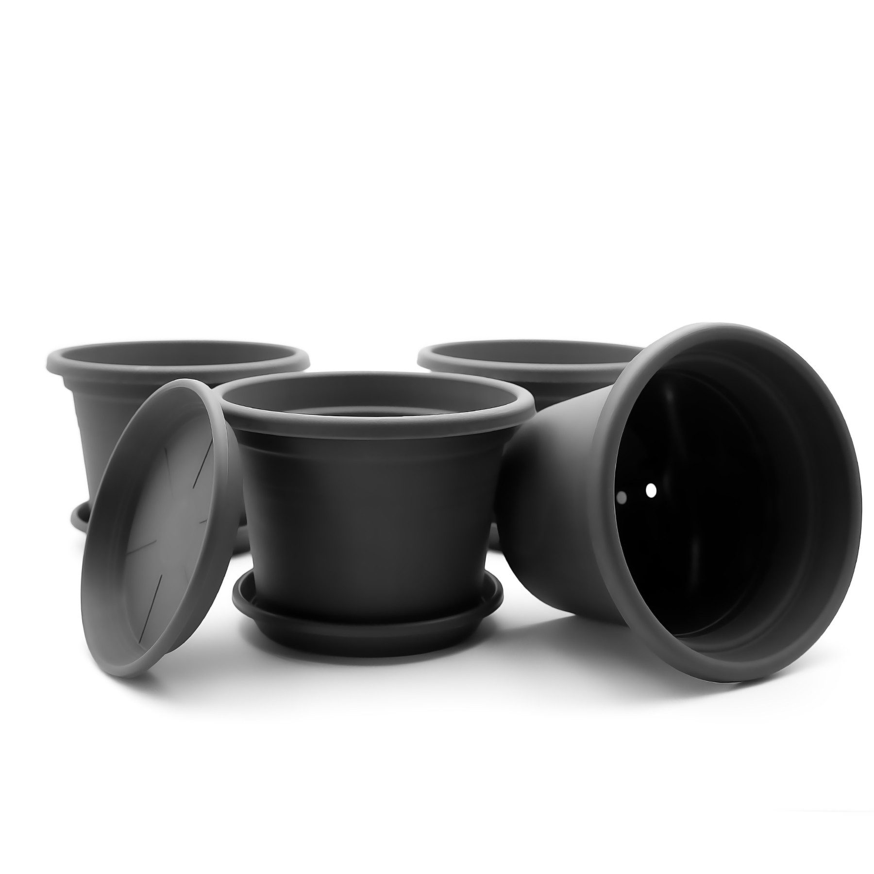 BigDean Blumentopf 4 Stück Pflanzkübel mit Untersetzer rund ø 40 cm Anthrazit (Set, 4 St., Pflanztopf), Zeitloses Design, Mit Untersetzer, Hochwertiges Material, Wetterfest