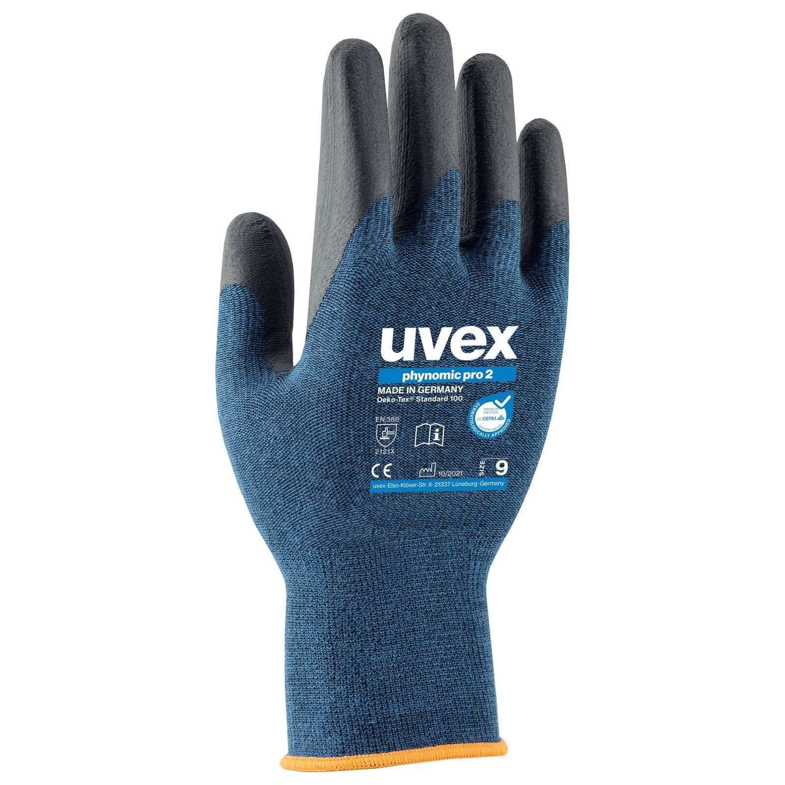 Uvex Mechaniker-Handschuhe uvex Schutzhandschuhe phynomic pro 2 60064,  Handschuh aus Bambusfasern (Spar-Set), Teilbeschichtung: Aqua-Polymer-Pro