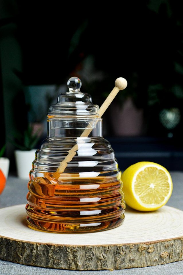 Sendez Honigglas 3-tlg. Honigtopf Honigdose Honigspender Honigglas  Marmeladendose Vorratsdose Borosilikatglas