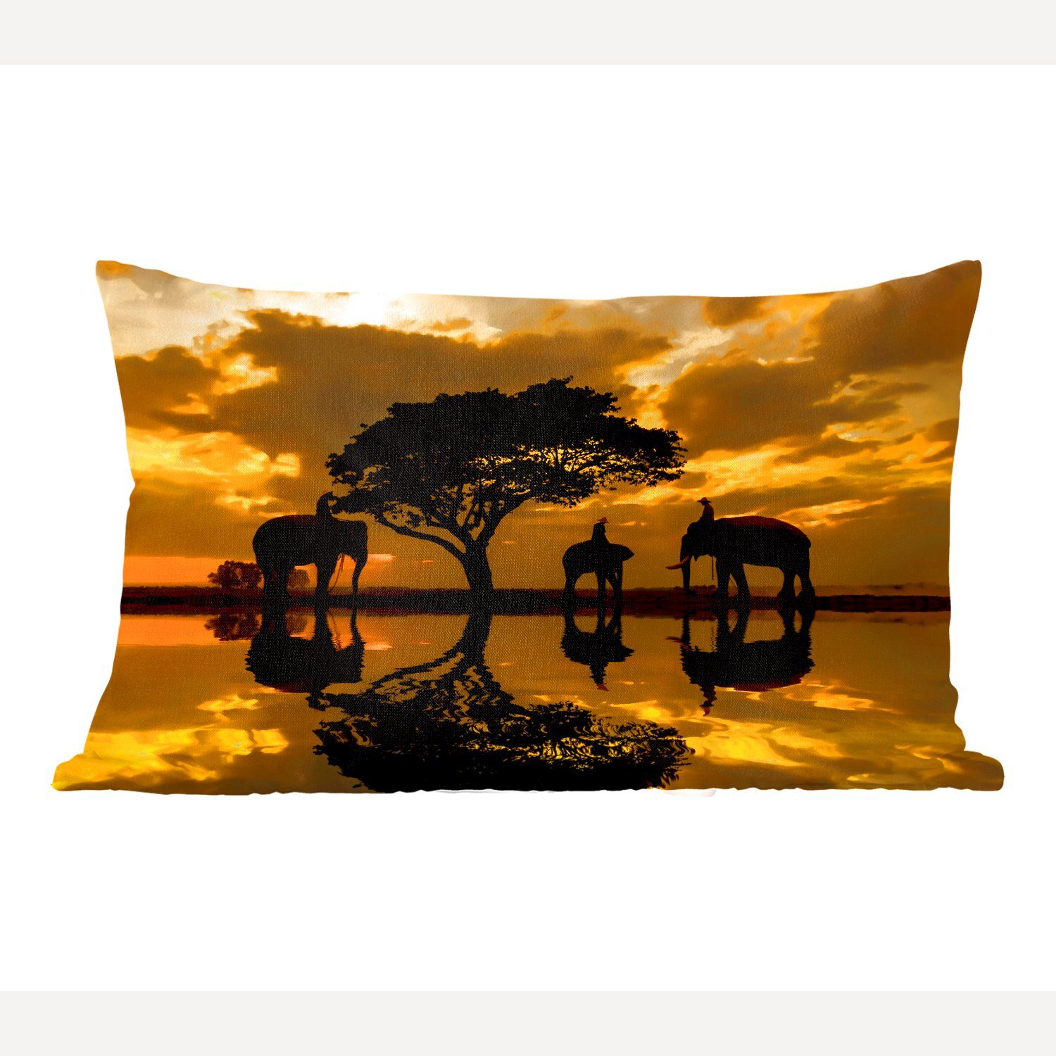 Dekokissen MuchoWow Elefanten Schlafzimmer thailändischen Füllung, Dekokissen Wohzimmer der bei Silhouette Dekoration, mit Sonnenaufgang, Zierkissen,
