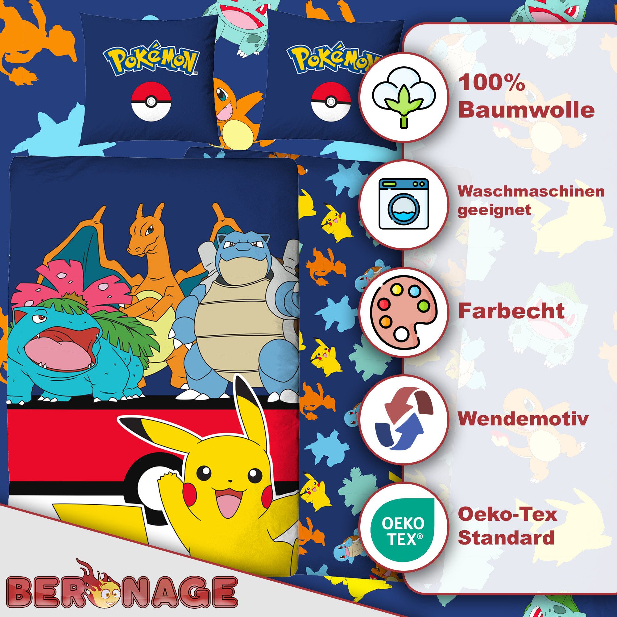 BERONAGE Kinderbettwäsche Pokemon Bettwäsche Pikachu Glurak Bisaflor Turtok Linon / Renforcé, 100% Baumwolle, 135x200 + 80x80 cm – Bild 3 von 5