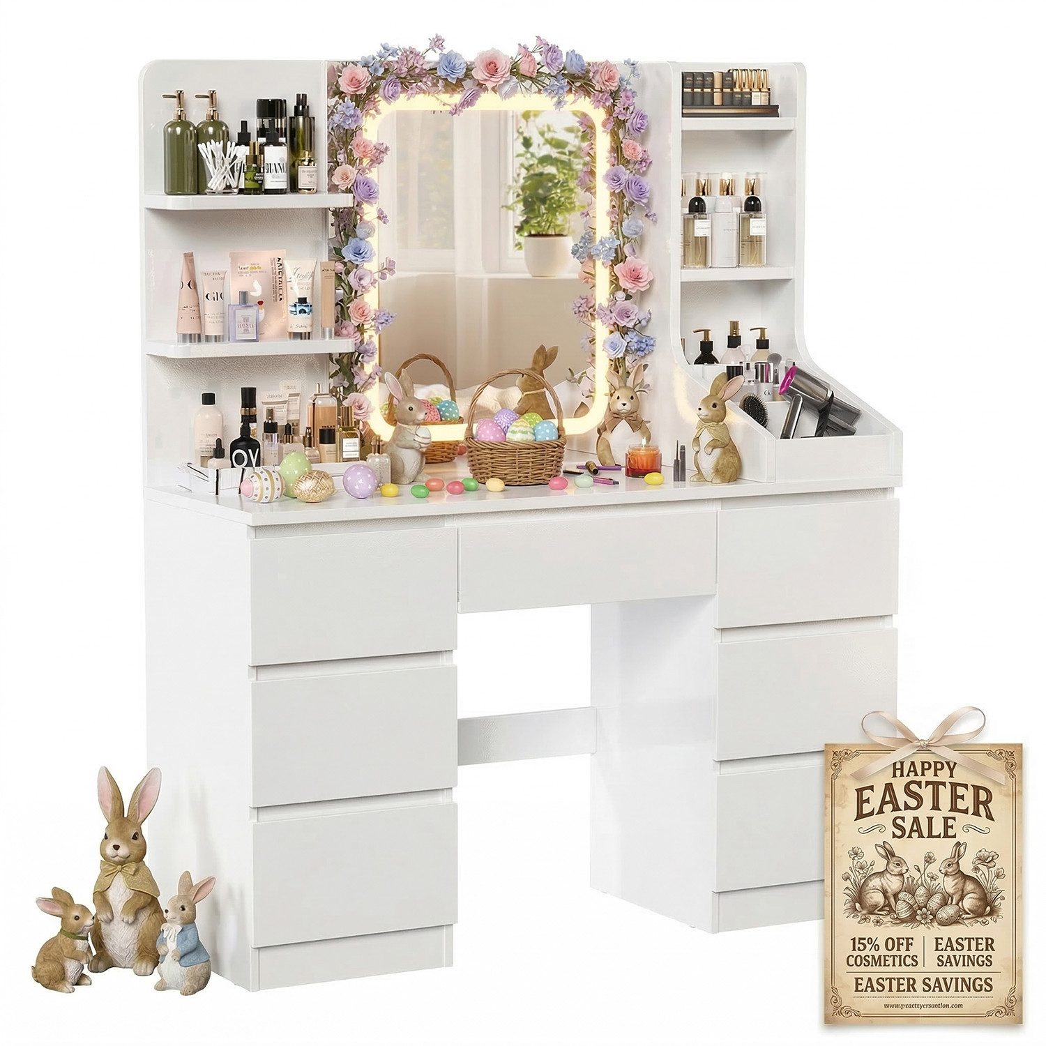 HOMALL Schminktisch Schminktisch mit Spiegel und LED Mit 7 Schubladen und 8 Ablagefächern (Größe: 110*40*139 cm Einstellbare drei Farbtemperaturen, um Ihr perfektes Make-up zu präsentieren)