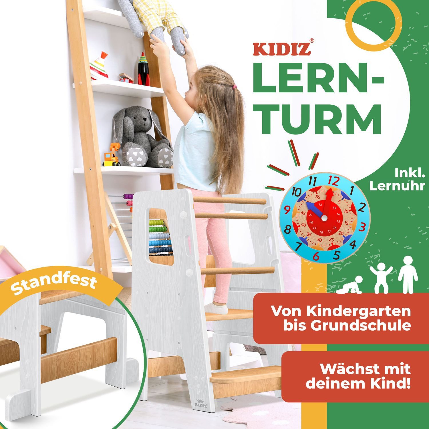 KIDIZ Stehhilfe Montessori Lernturm aus Kiefernholz ab 1 Jahr & bis 50 kg belastbar (Tritthocker inklusive Lernuhr & abnehmbarer Anti-Kipp-Schutz), 3-stufig Höhenverstellbar, spielerisch motorische Fähigkeiten fördern