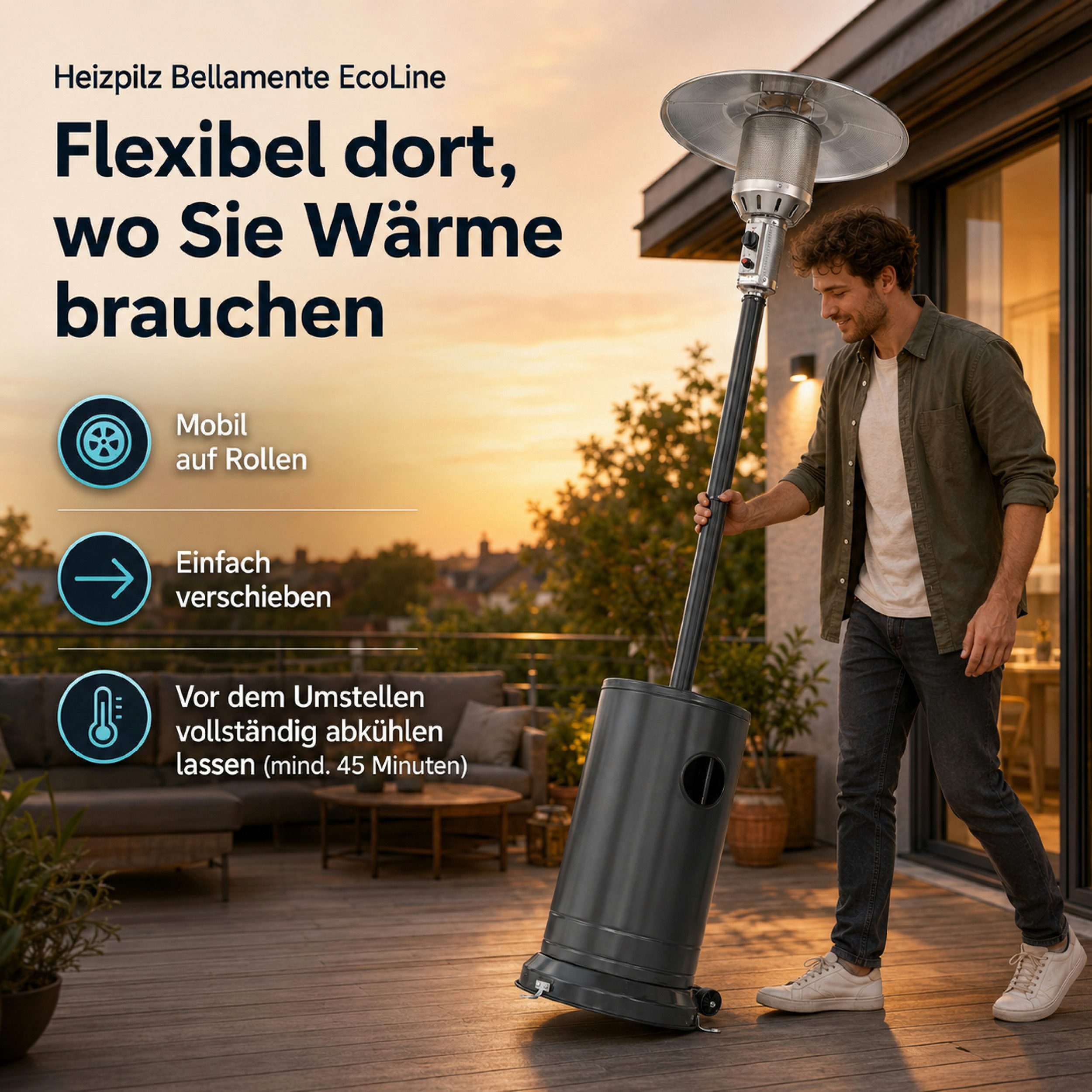 APANA Heizstrahler Eco Heizpilz Gasheizer Terrassenheizstrahler Gas Heizstrahler Garten, Inklusive Transportrollen Umkippsicherung und Abschaltautomatik – Bild 5 von 5